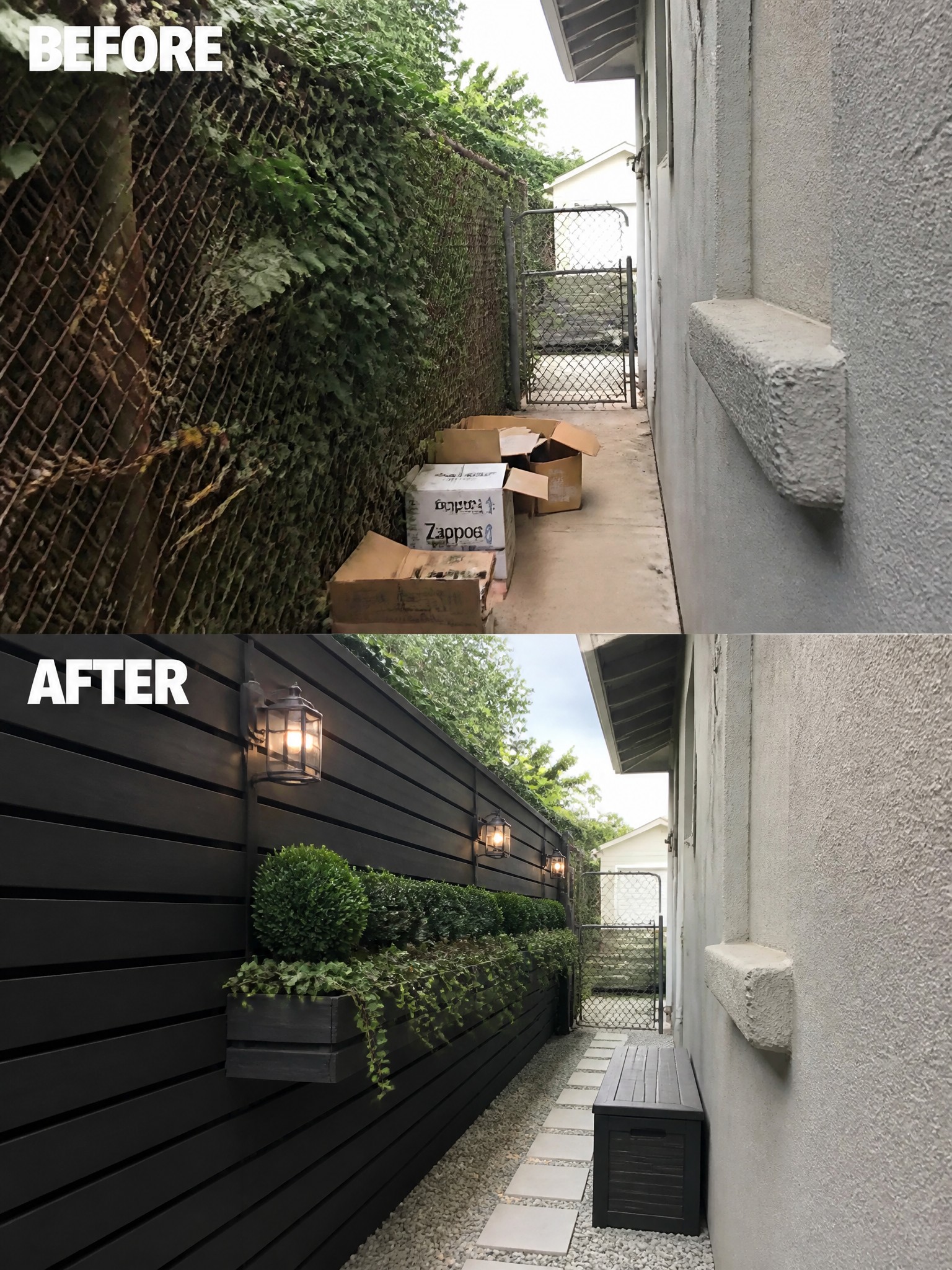 Before and after of narrow alley transformed with dark fence, plants, lights and bench
