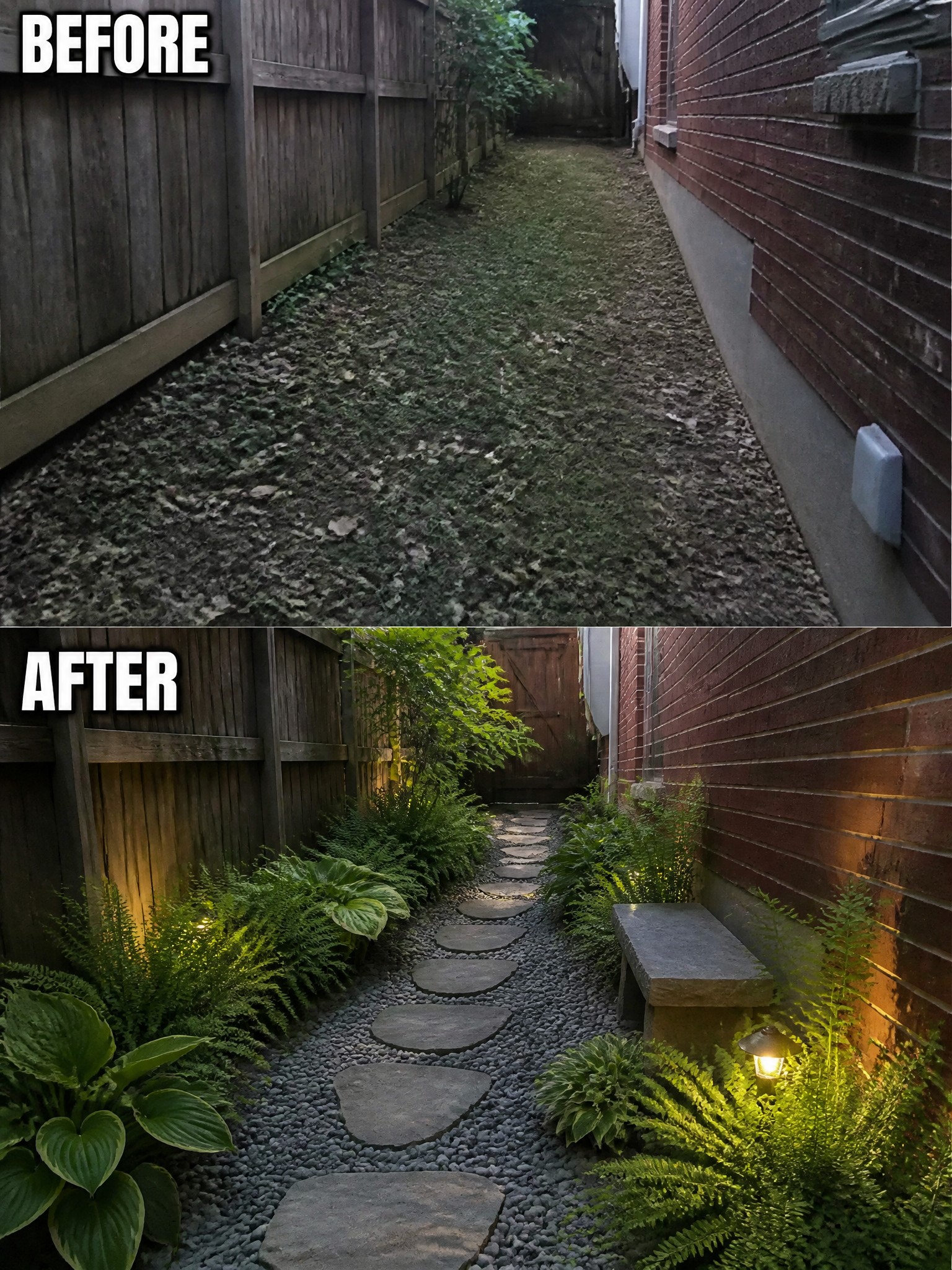Before and after of overgrown path transformed into stone walkway with plants and lights