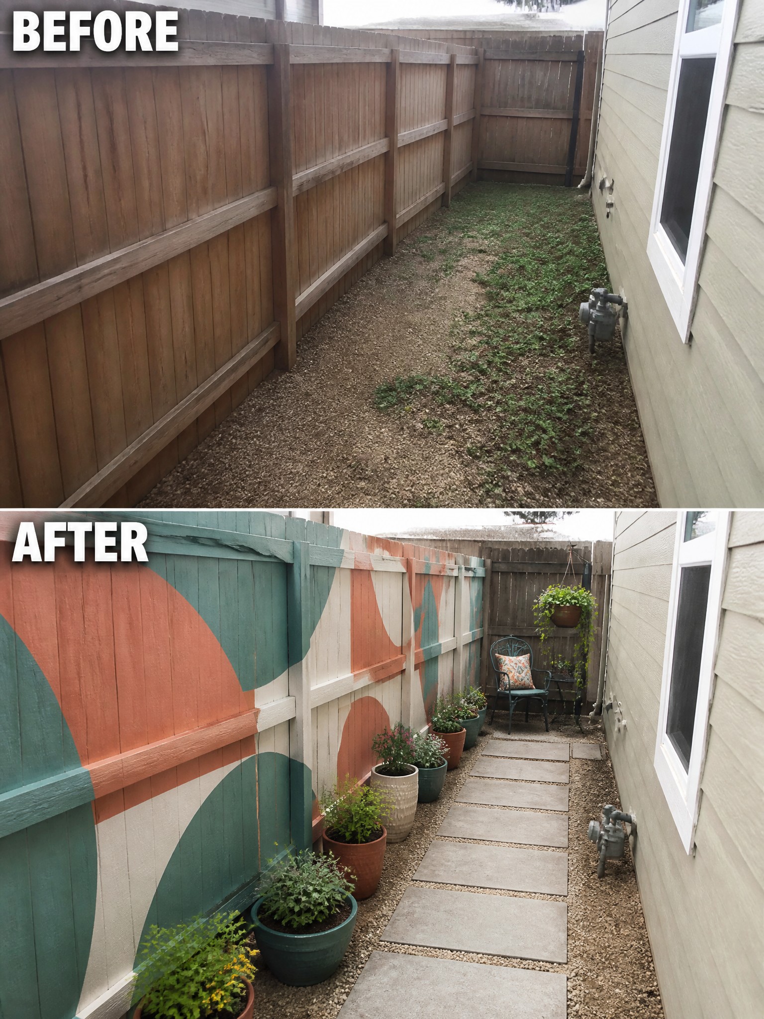 Before-and-after narrow yard with plain fence transformed by colorful geometric paint, plants and stone path.