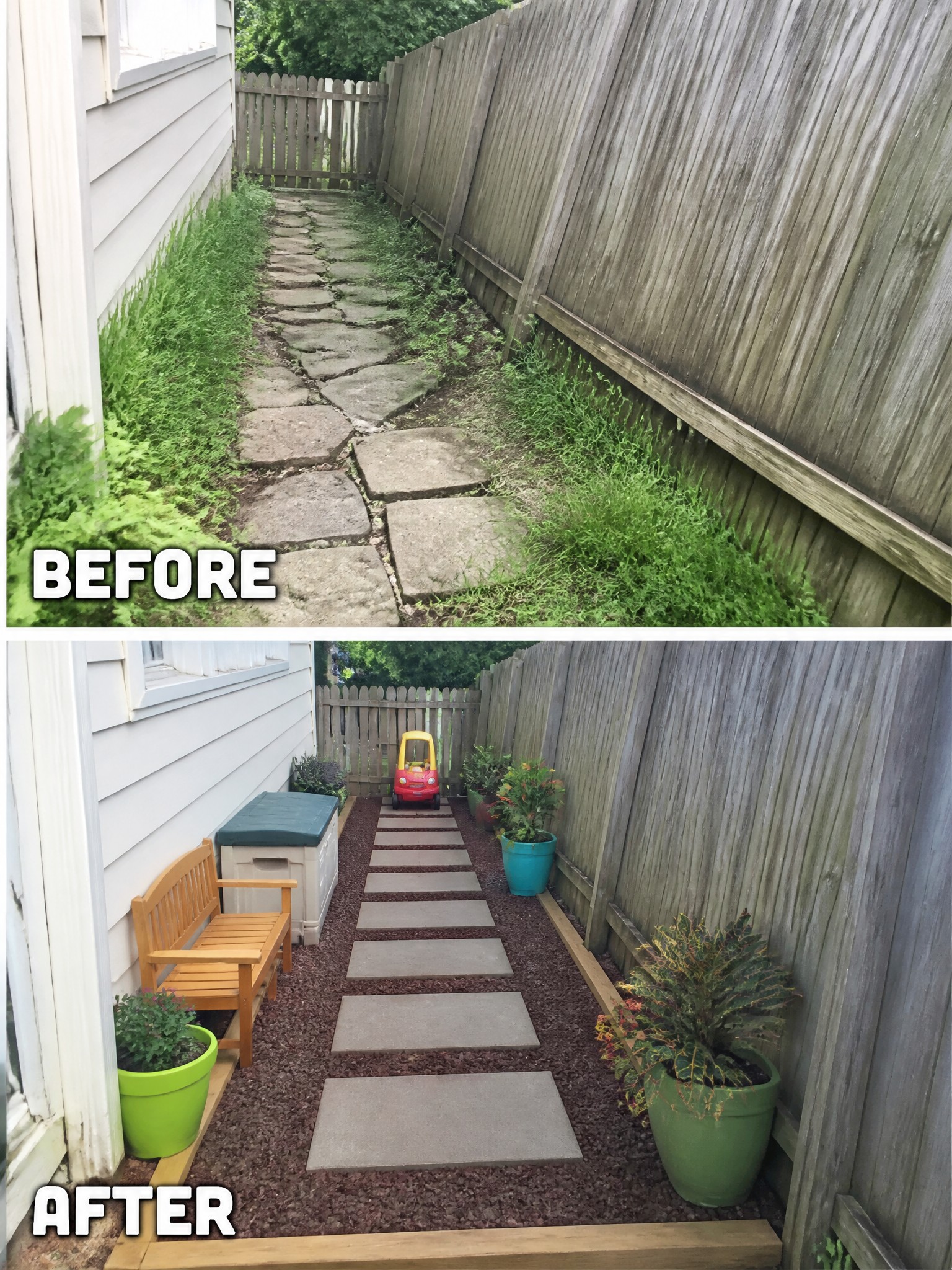 Before and after of overgrown stone path transformed into neat paver walkway with bench and pots