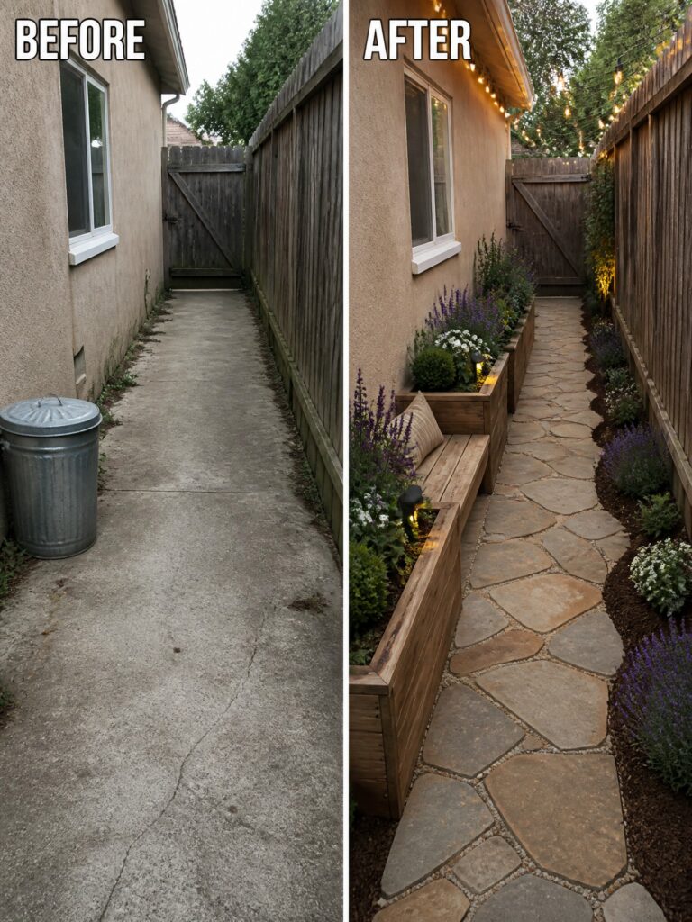 23 Small Side Yard Before and After Ideas That Feel More Intentional Before-and-after of narrow concrete path turned into stone walkway with plants, bench, and lights.