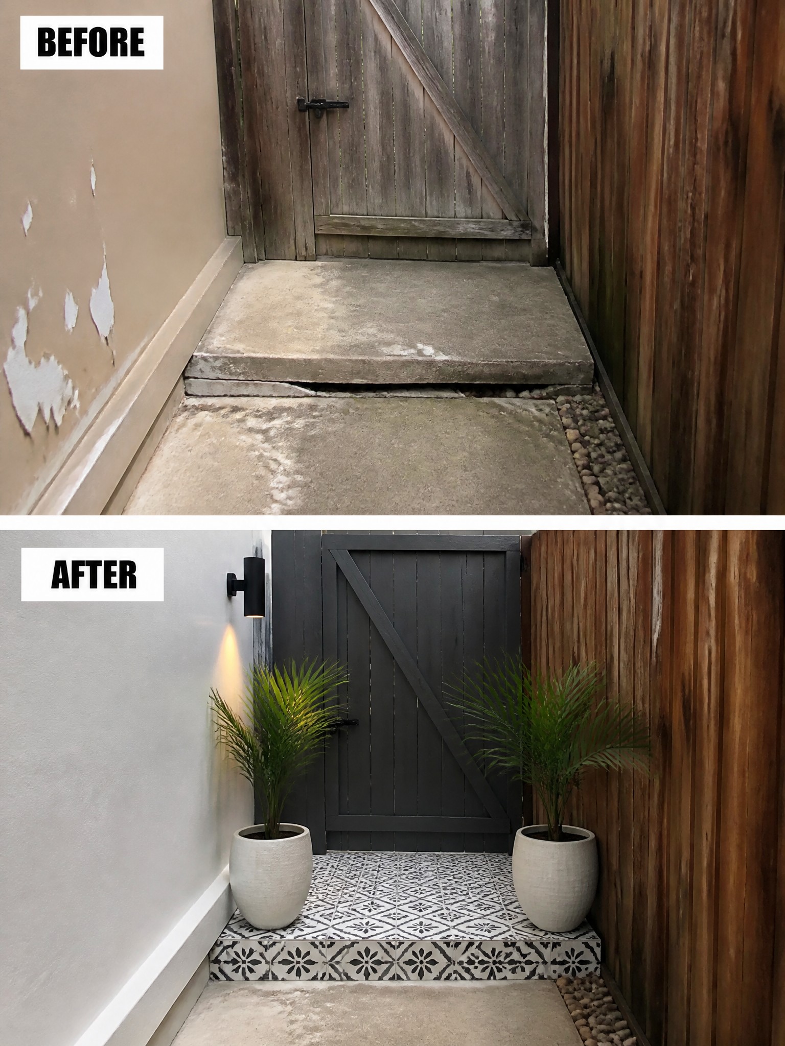 Before-and-after image of a neglected side yard entry with bare concrete and a plain gate transformed by a dark painted gate, patterned tile on the step, two potted plants, and a wall light.