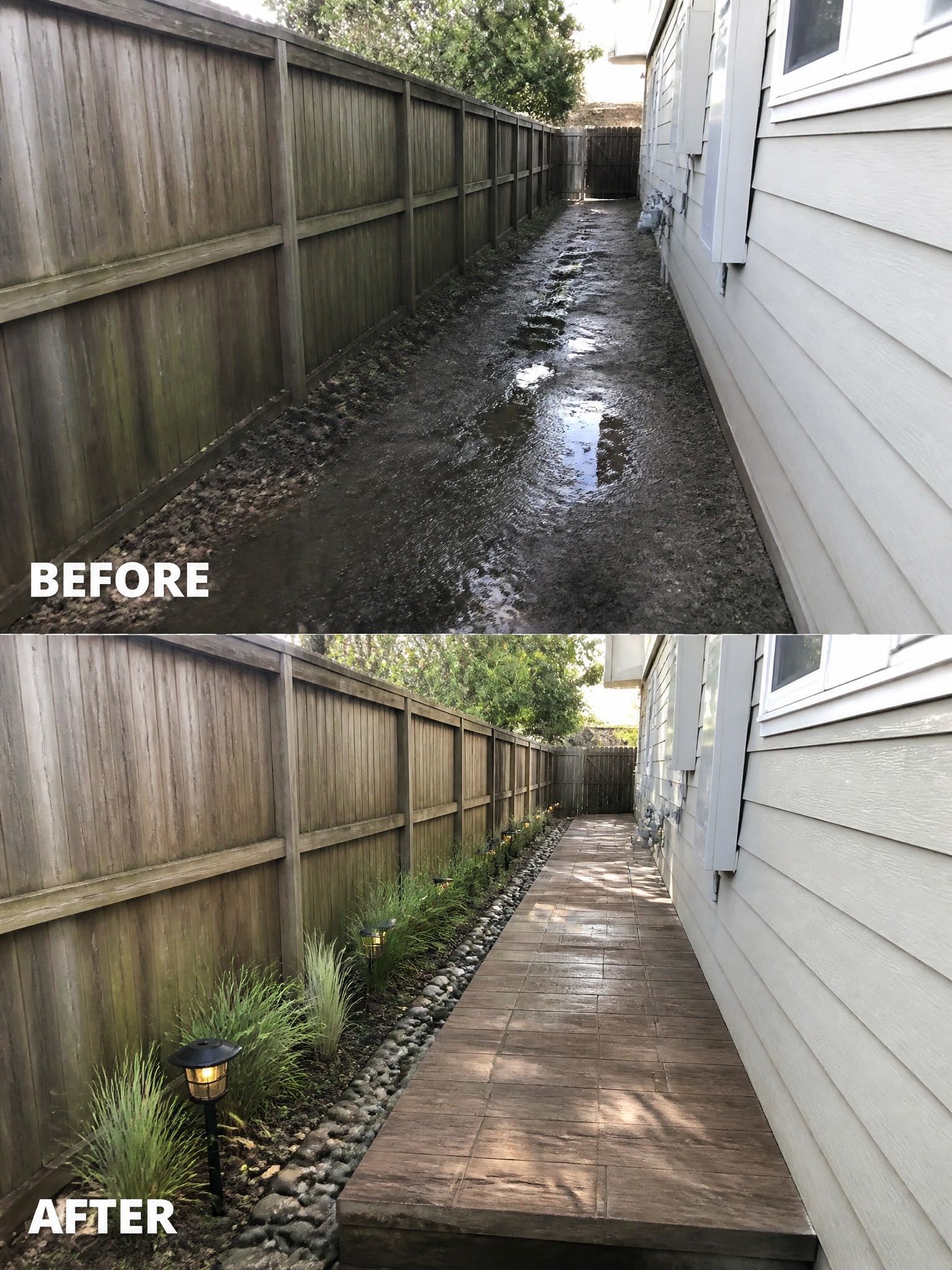 Before-and-after image of a muddy side yard path changed into a paved walkway with gravel borders, plants, and lights.