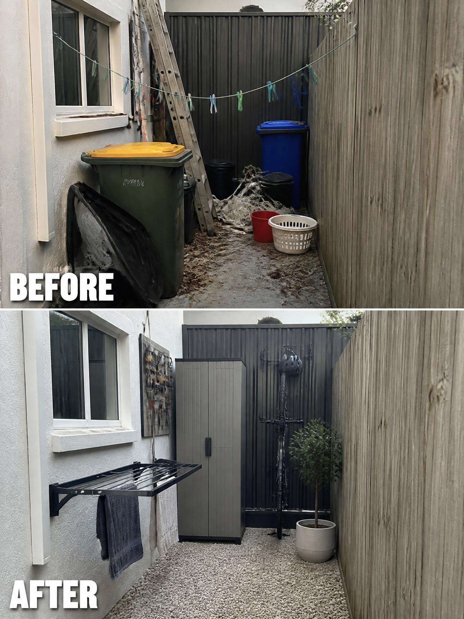 Before and after of cluttered alley transformed into tidy gravel space with cabinet and bike.