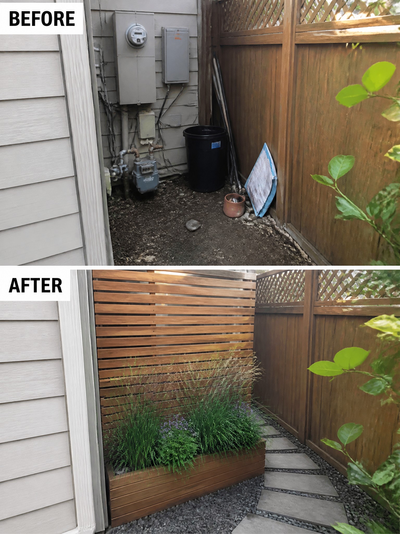 Before and after of cluttered utility area transformed with wooden planter, screen, and stone path.