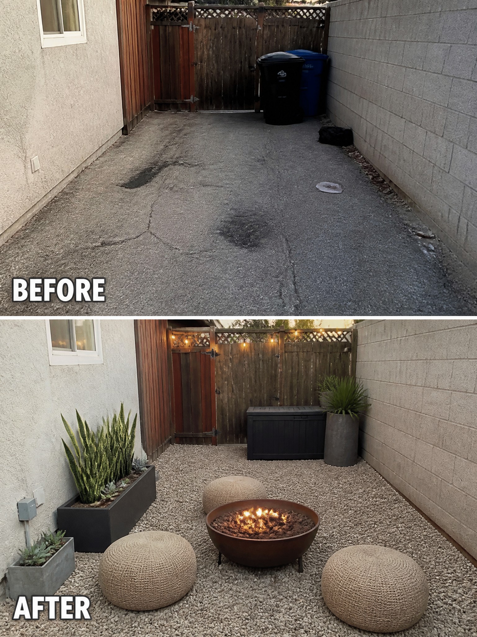 Before-after alley makeover: cracked concrete to gravel patio with fire pit and poufs