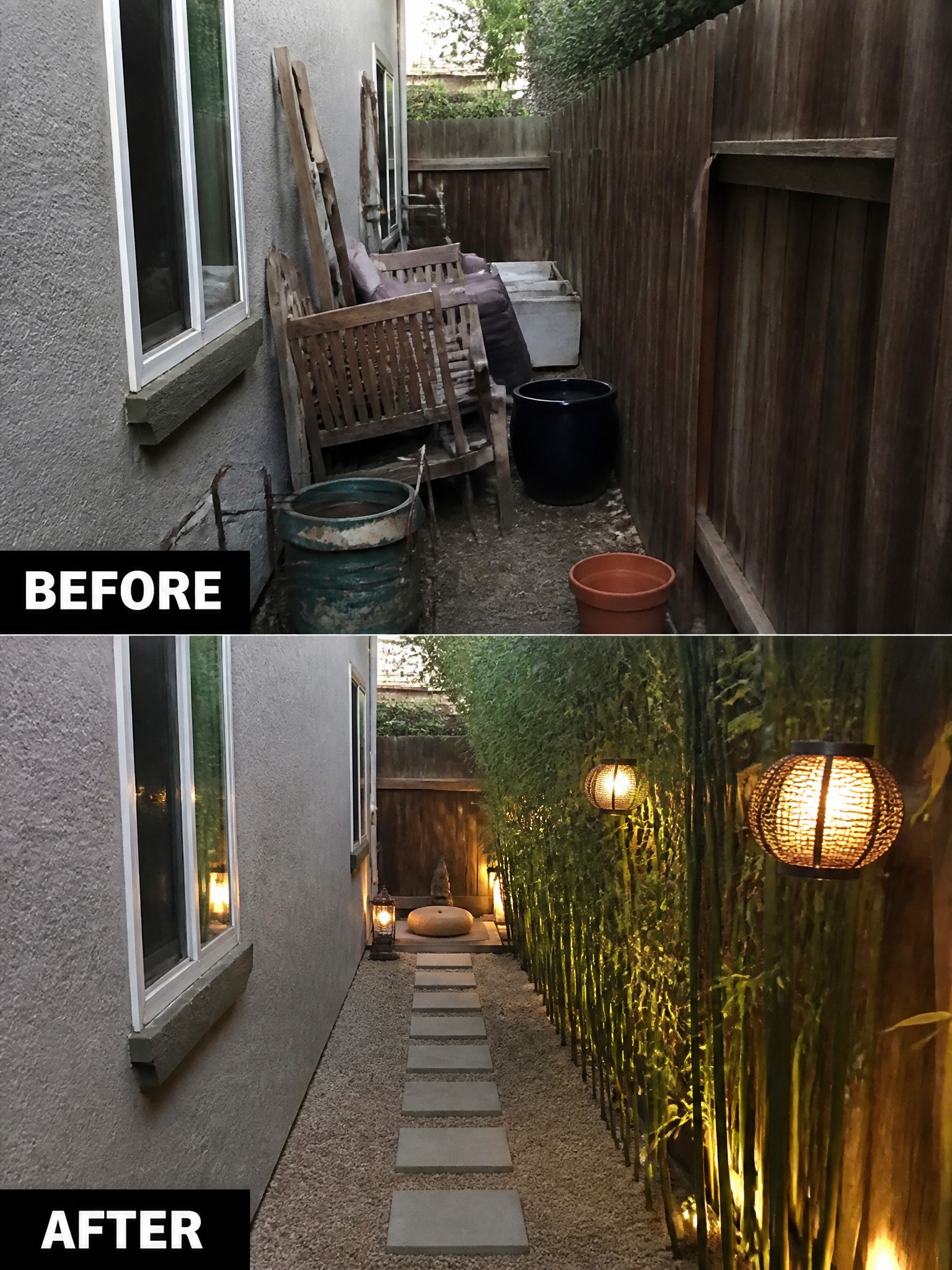 Before-and-after of cluttered alley transformed into serene bamboo garden path with lanterns.