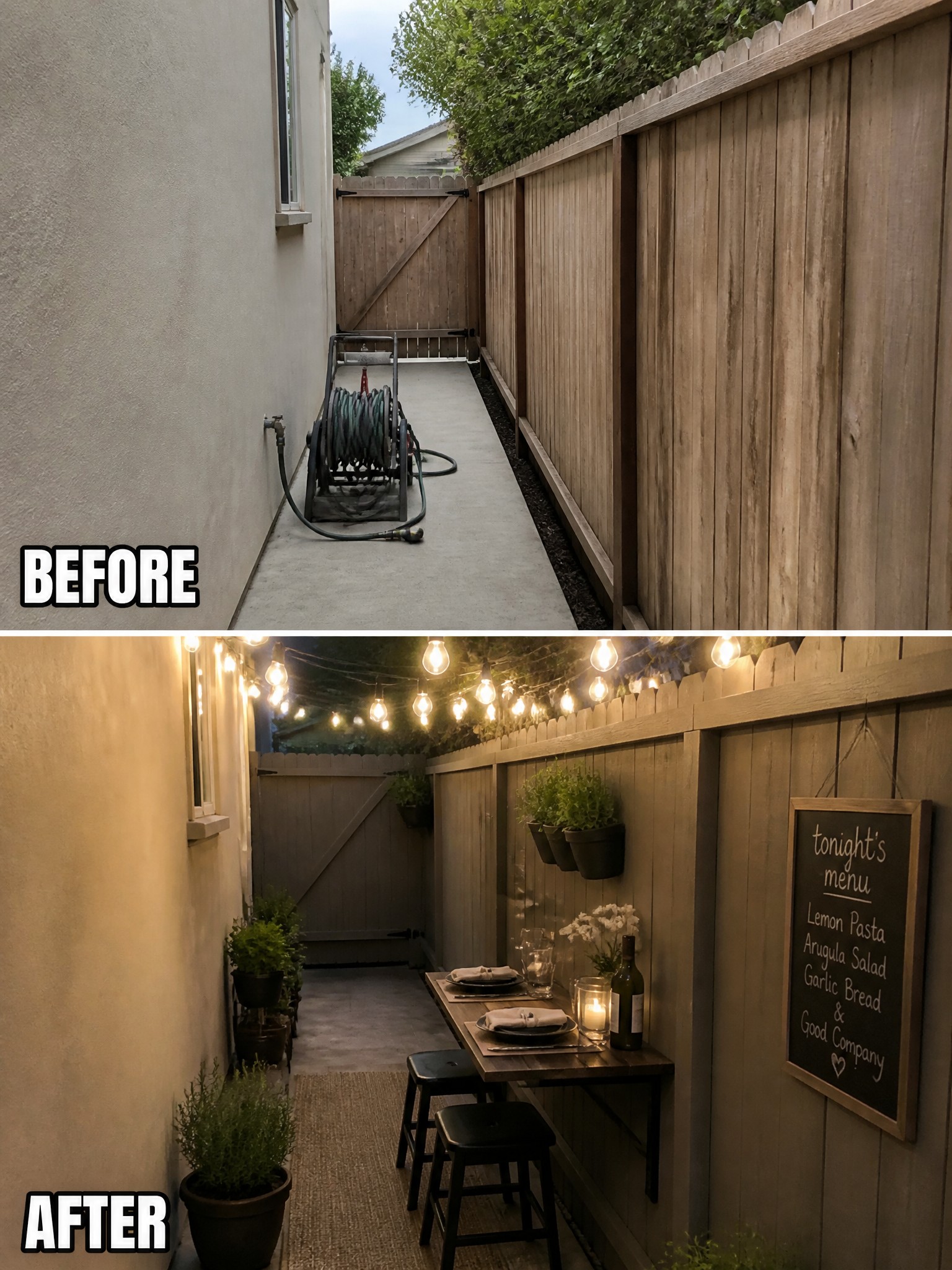 Before and after of bare alley transformed into cozy patio with string lights, table and plants