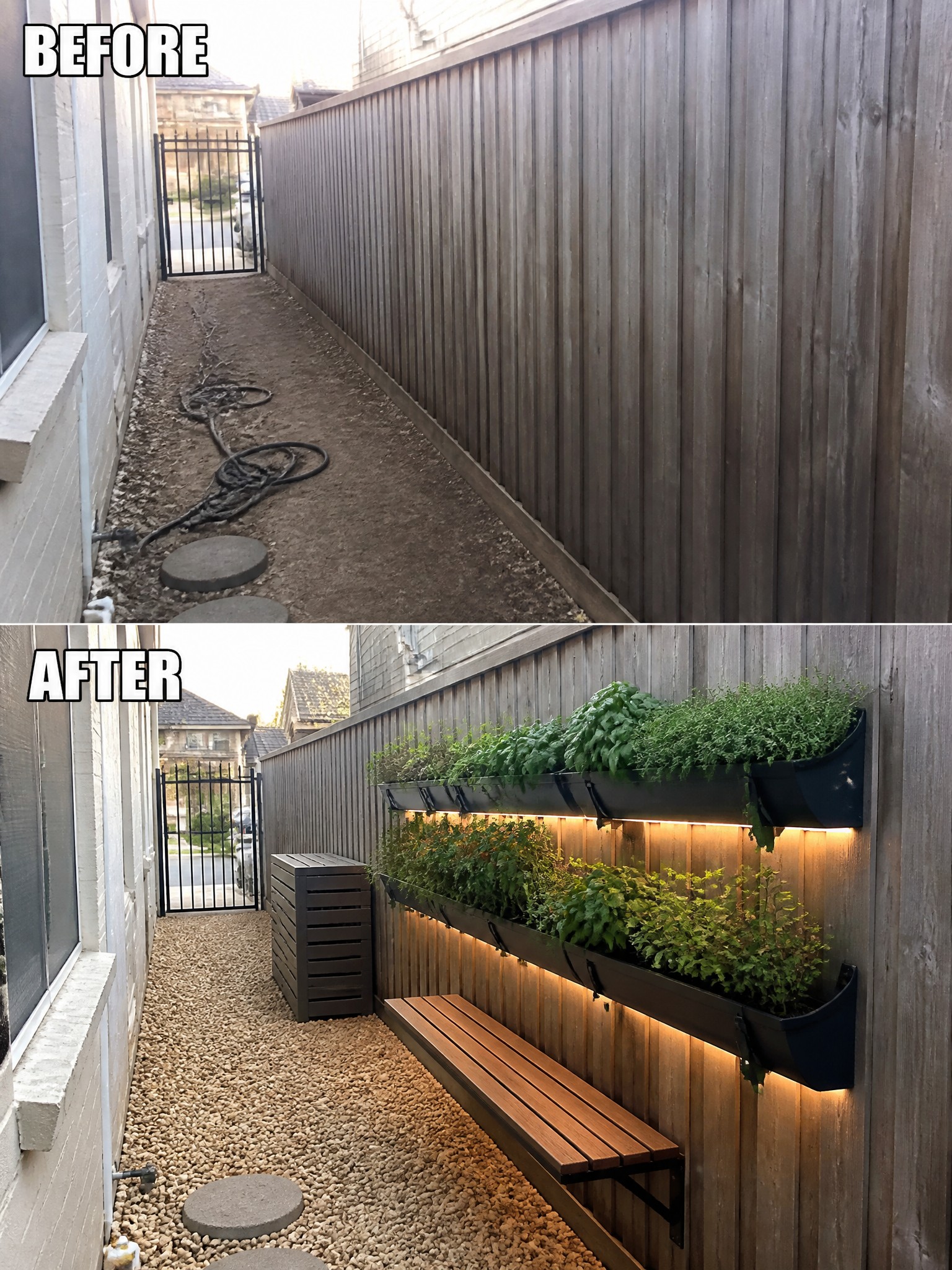 Before-after alley makeover with wall planters, bench, gravel path and lights.