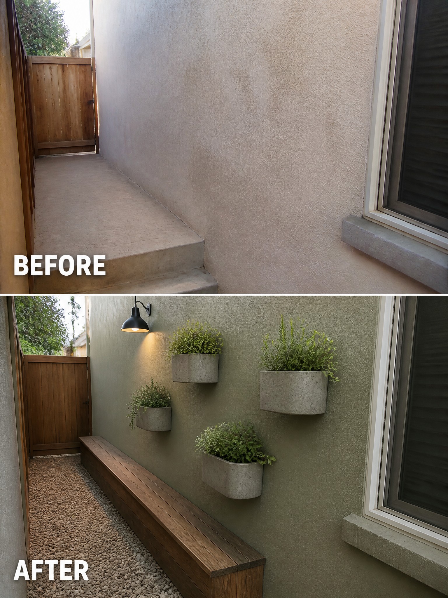 Before-and-after image of a narrow side yard changed from bare concrete steps into a space with a wooden bench, wall-mounted concrete planters, an outdoor light, and gravel ground cover.
