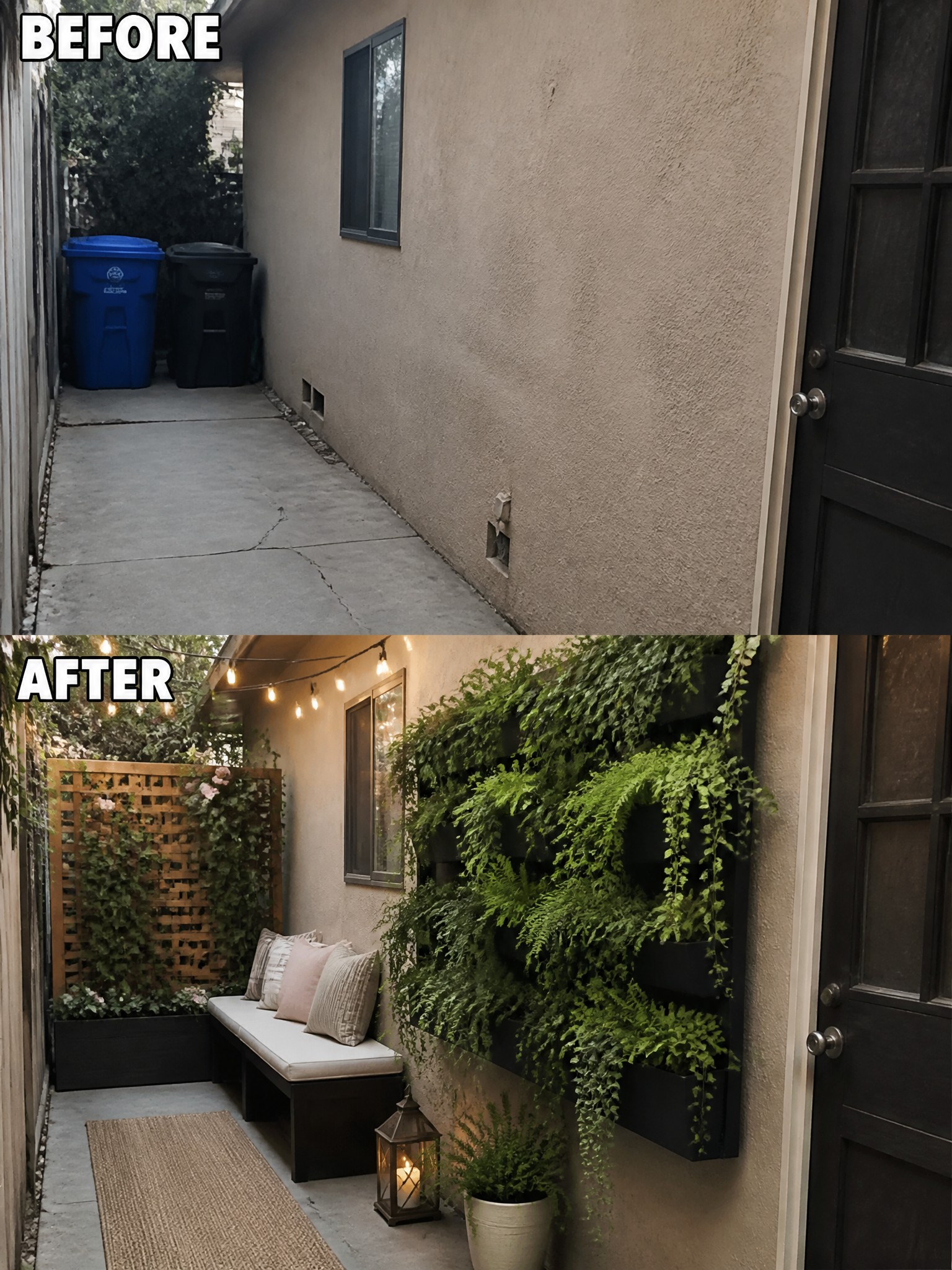 Before-and-after image of a narrow side yard transformed from an empty concrete walkway with trash bins into a seating area with a bench, cushions, vertical garden wall, and string lights.