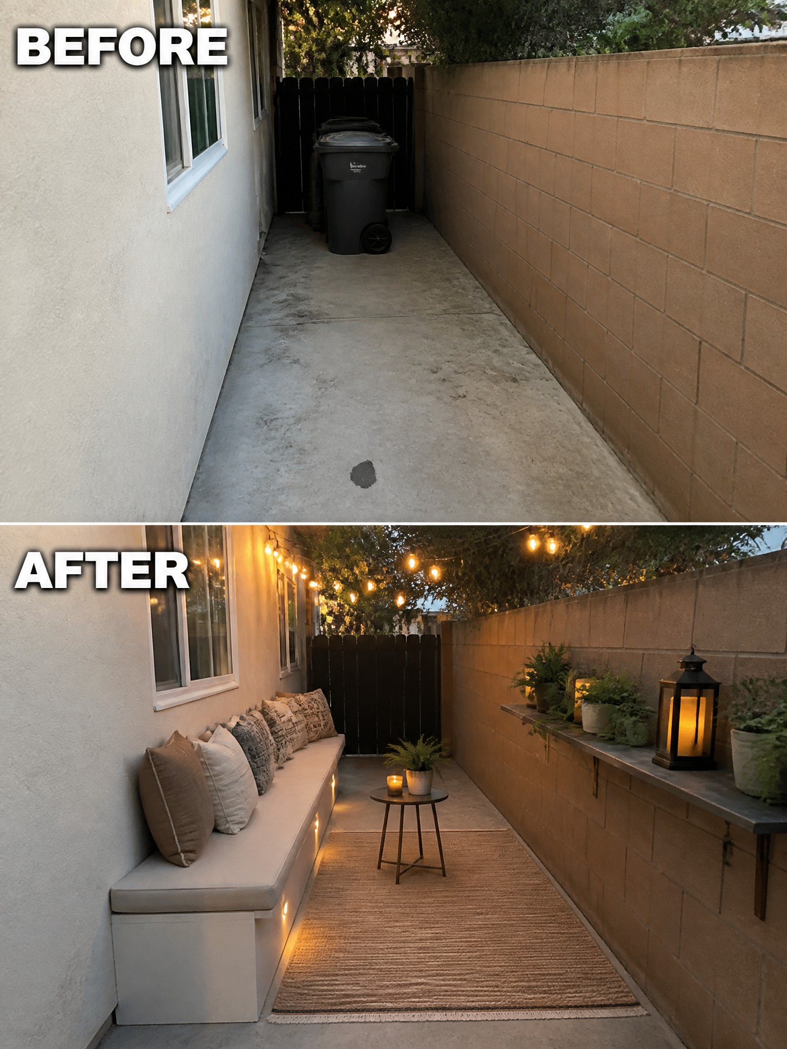 Before and after of alley turned cozy patio with string lights, bench, and rug.