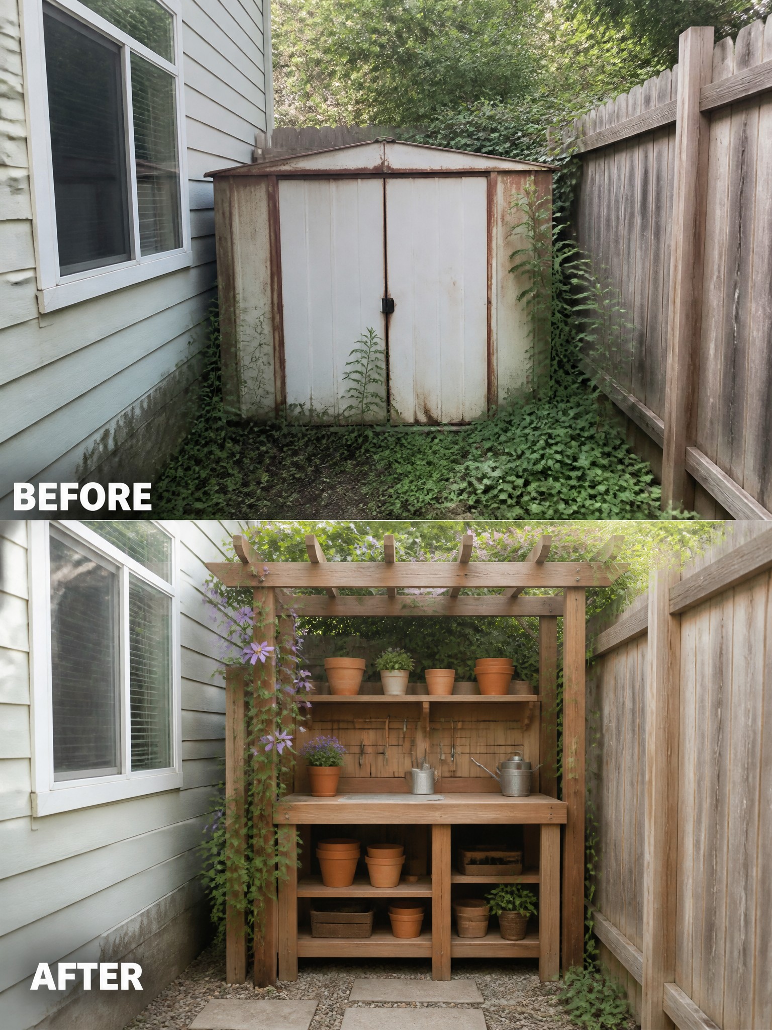 Before and after of overgrown shed transformed into wooden pergola potting bench with plants.