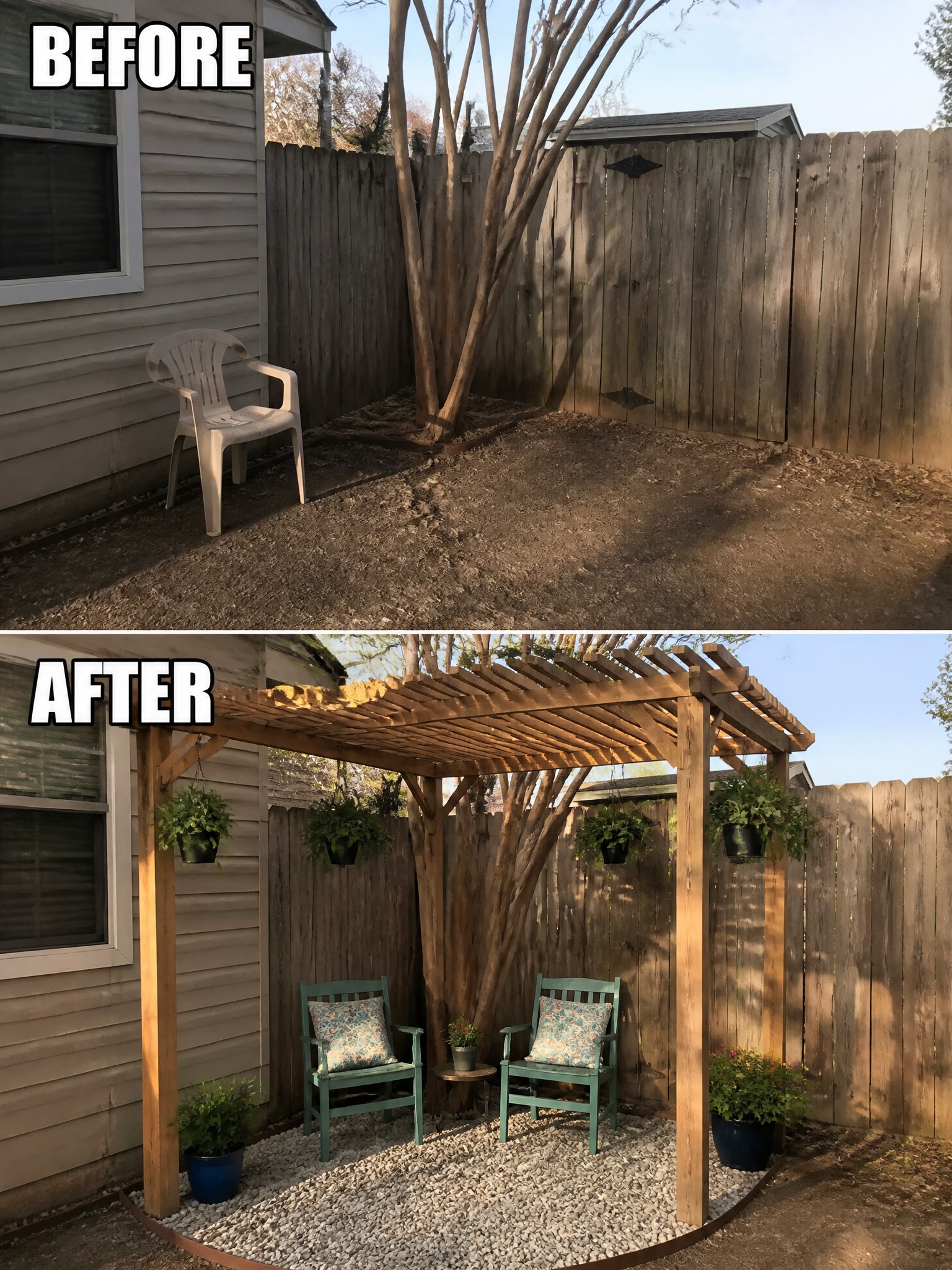 Before-and-after backyard with wooden pergola, teal chairs, gravel, and potted plants.