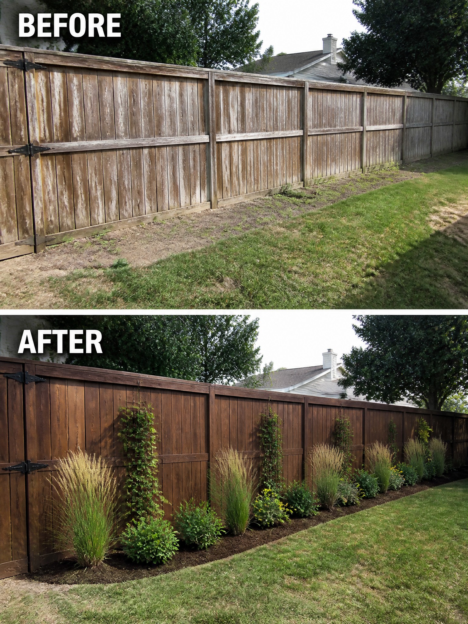 Before and after of weathered fence transformed with dark stain and garden plants.