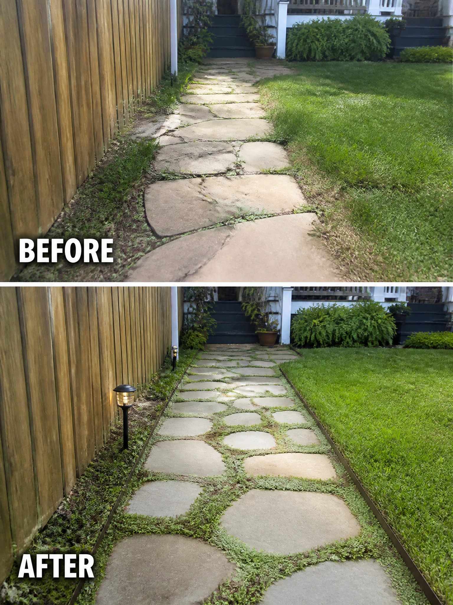 Before-and-after stone path: overgrown weeds replaced by trimmed grass and solar lights