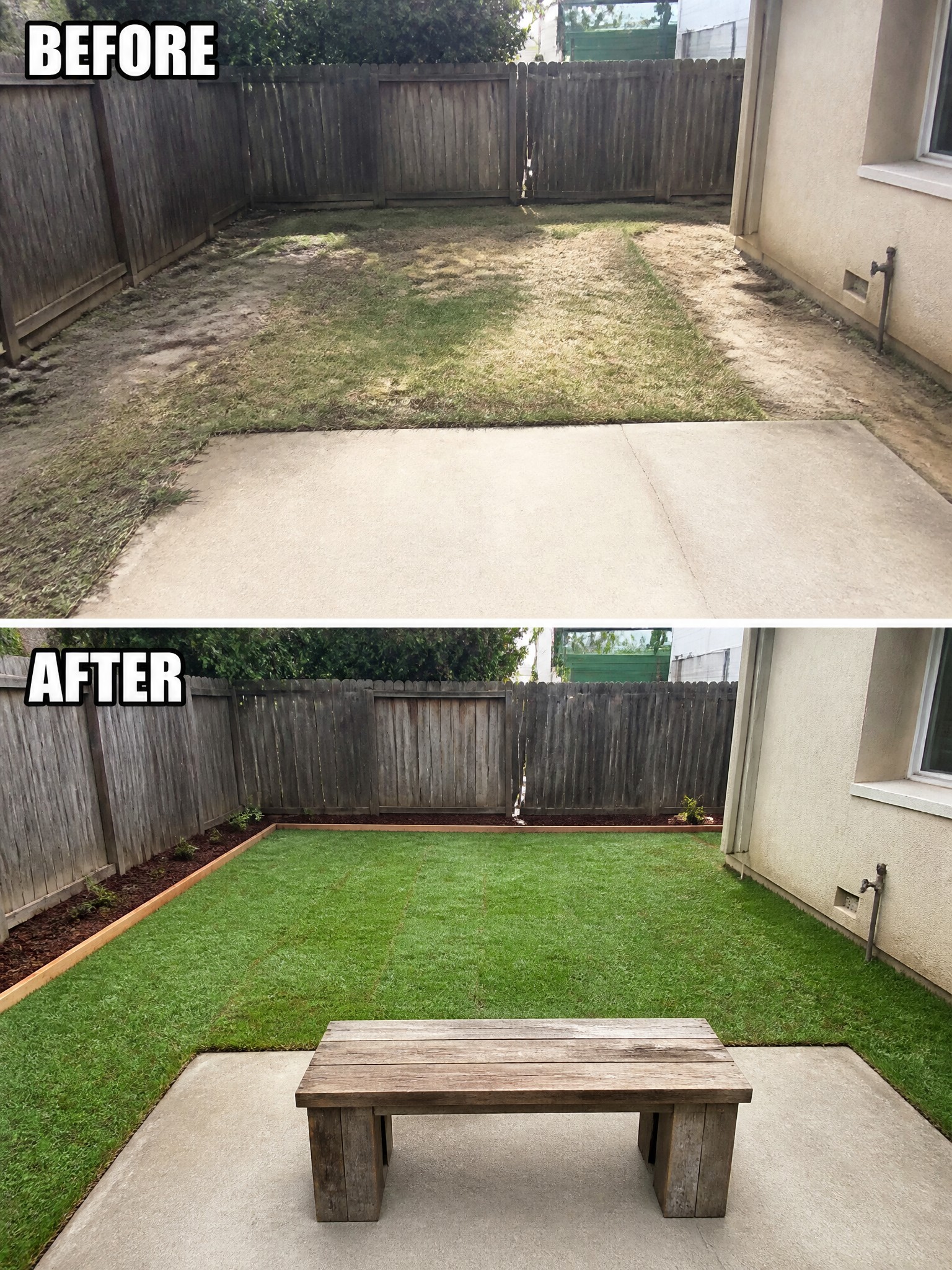 Before and after backyard with patchy grass transformed into green turf and bench