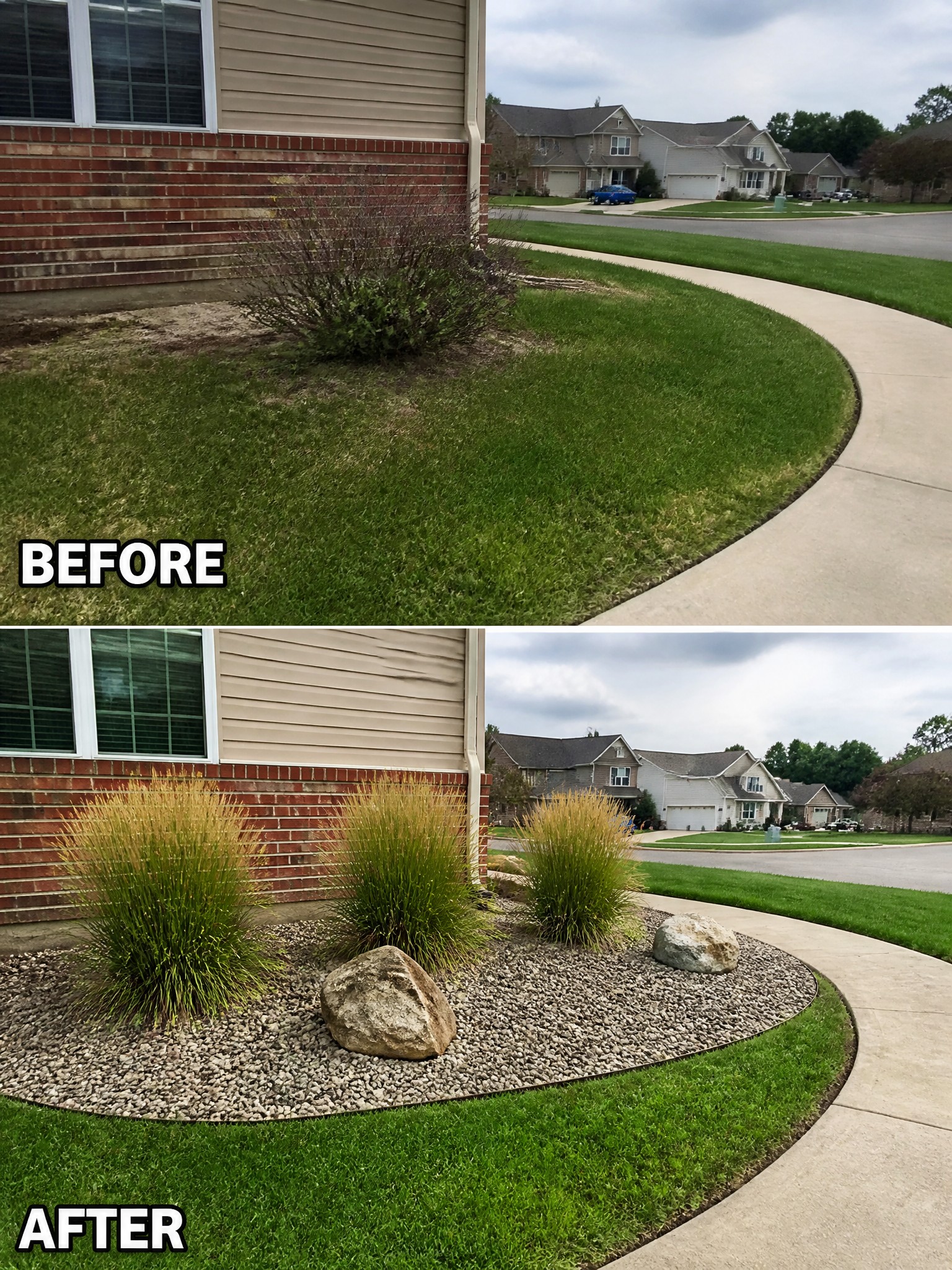 Before and after landscaping of house corner with grasses, rocks and gravel bed.