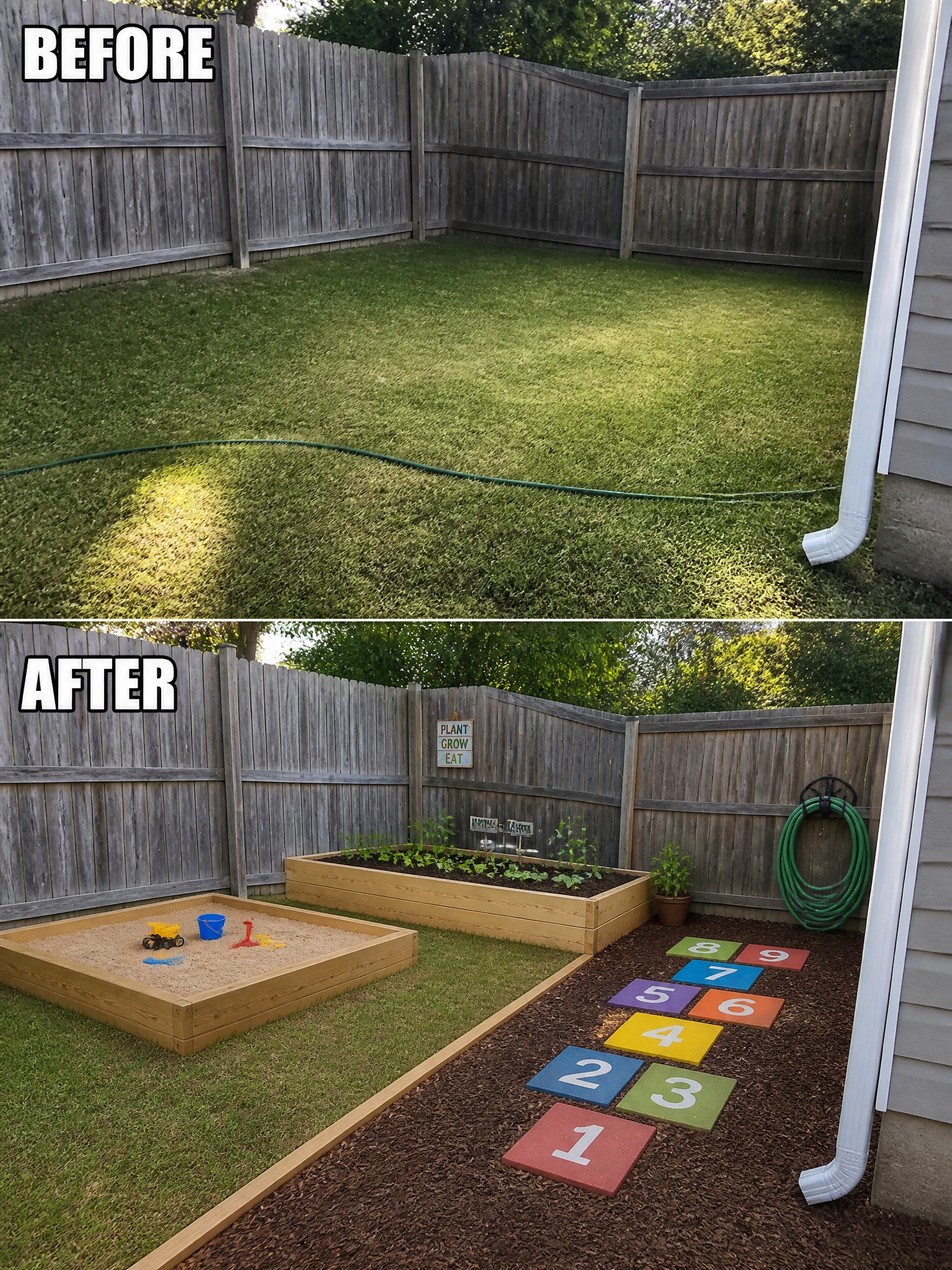Before-and-after image of an empty backyard changed into a zoned space with a sandbox, raised garden bed, and numbered stepping stone path.