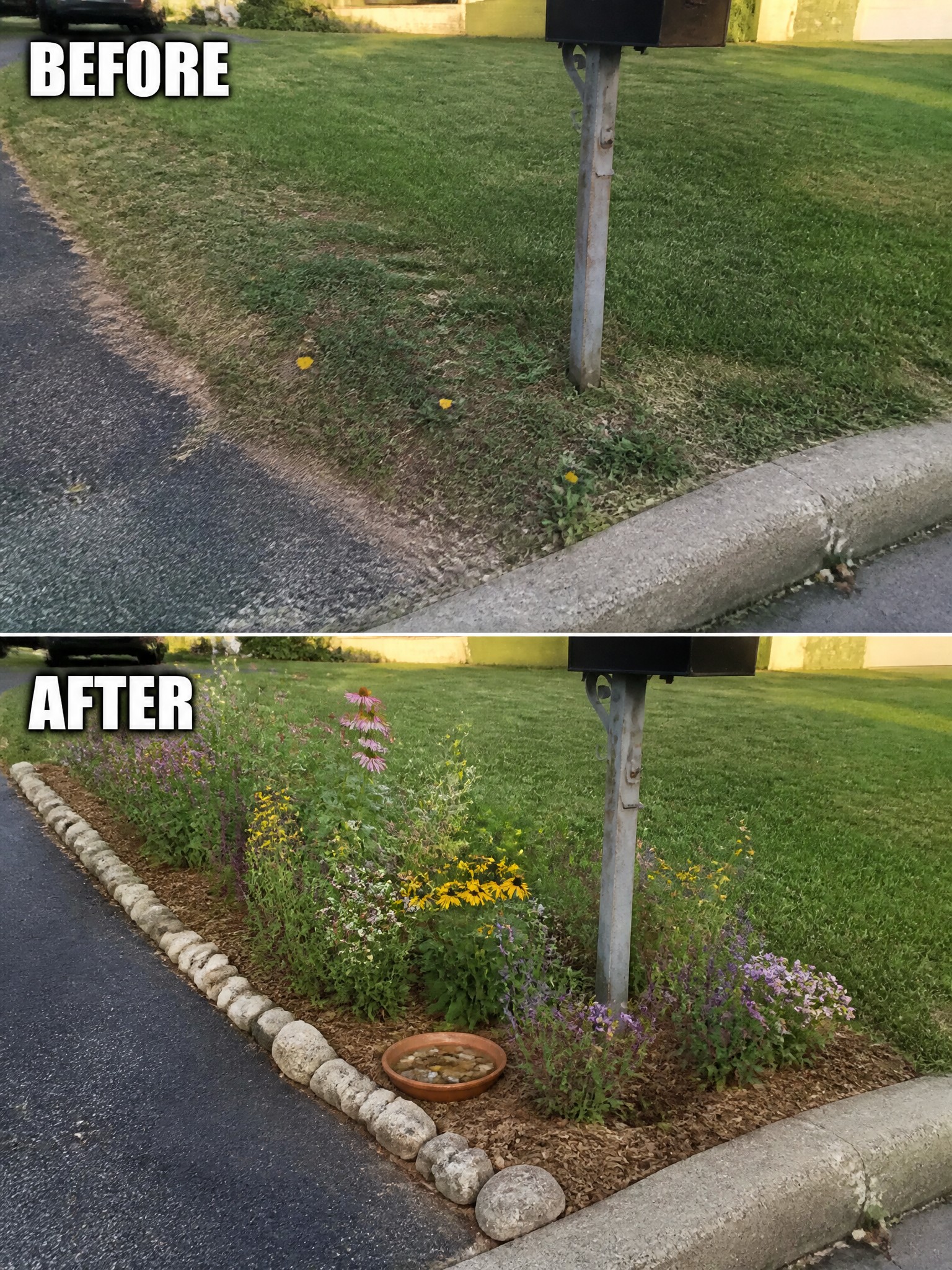 Before-and-after image of a weedy lawn strip along a driveway changed into a mulched garden bed with stone edging and flowering plants.