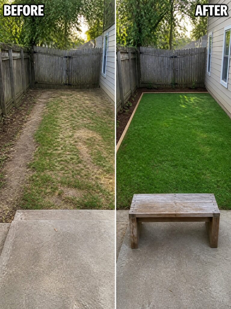 23 Affordable Garden Makeover Ideas That Still Look Beautiful Before and after backyard with patchy grass transformed into green turf and bench