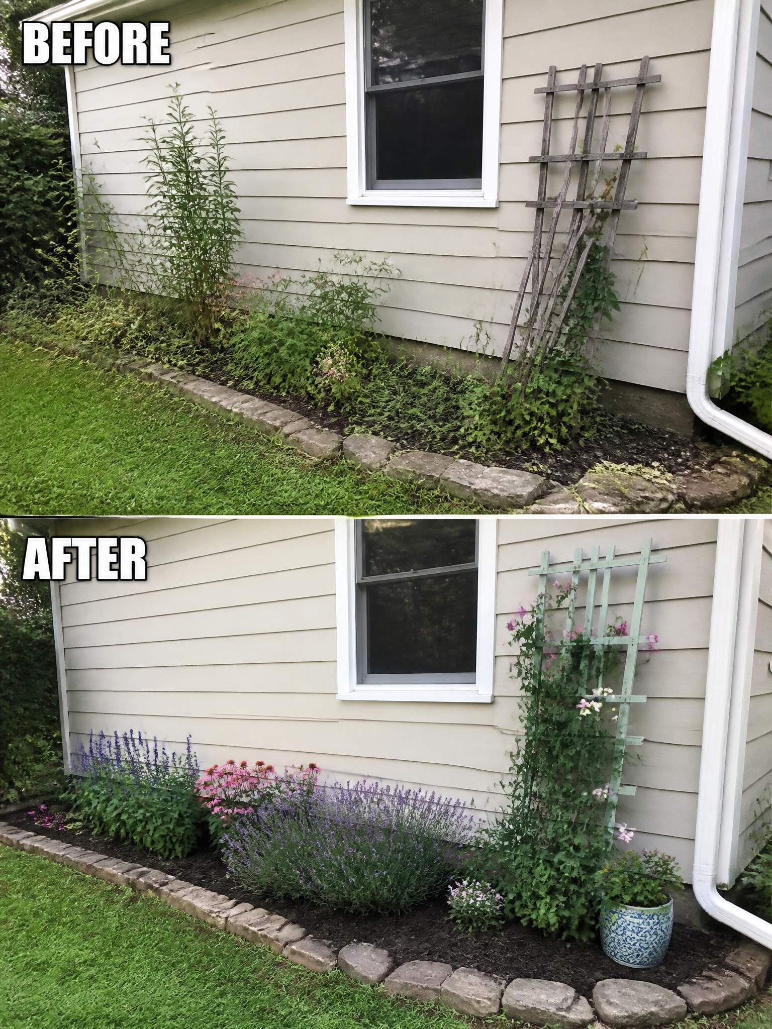 Before and after garden bed transformation with flowers, trellis, and stone border.