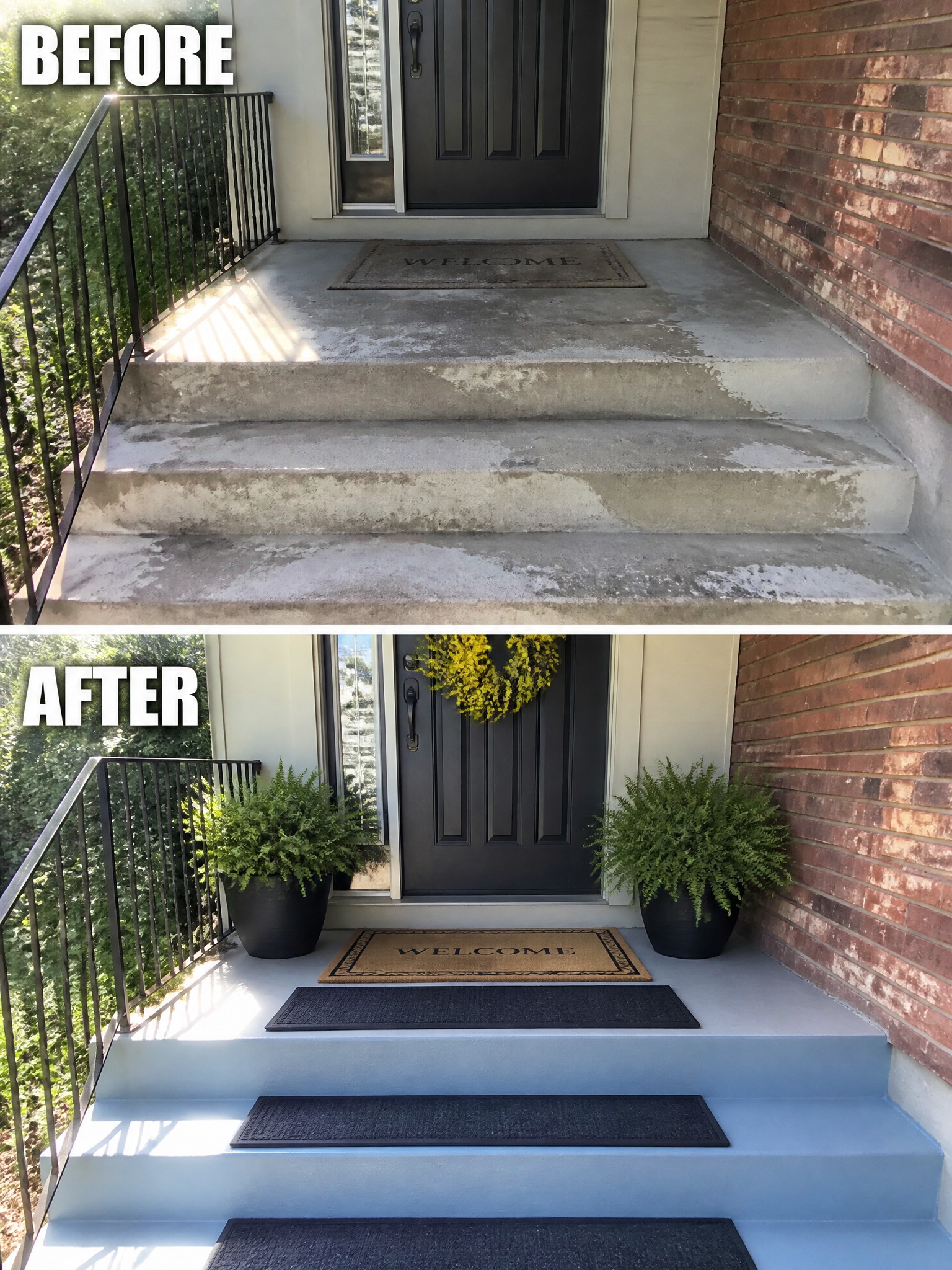 Front porch steps before and after painting light blue with mats and ferns.