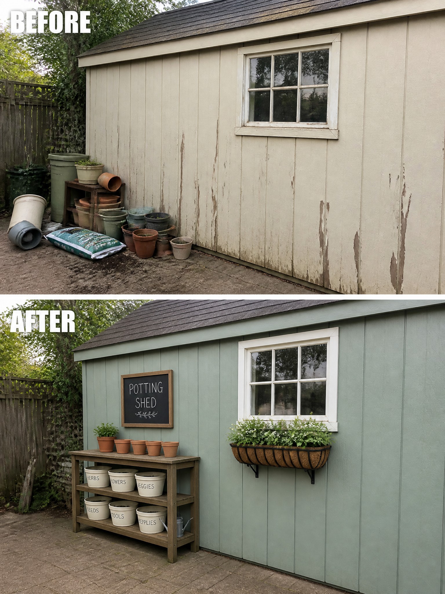 Before-and-after image of a weathered garden shed updated with fresh paint, a wooden storage bench, labeled bins, a chalkboard sign, and a window box planter.