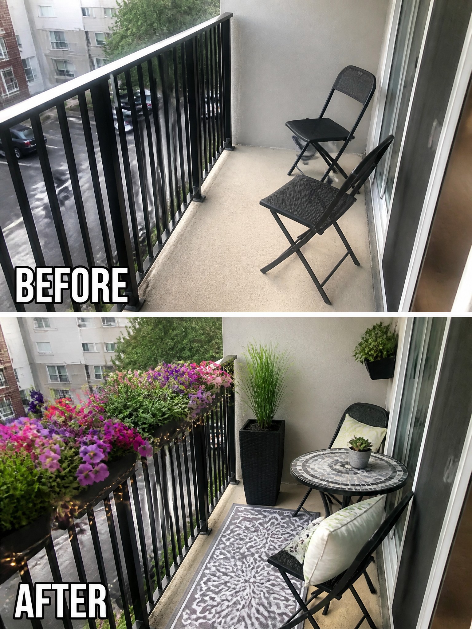 Before and after balcony with chairs transformed by flowers, plants, rug and table