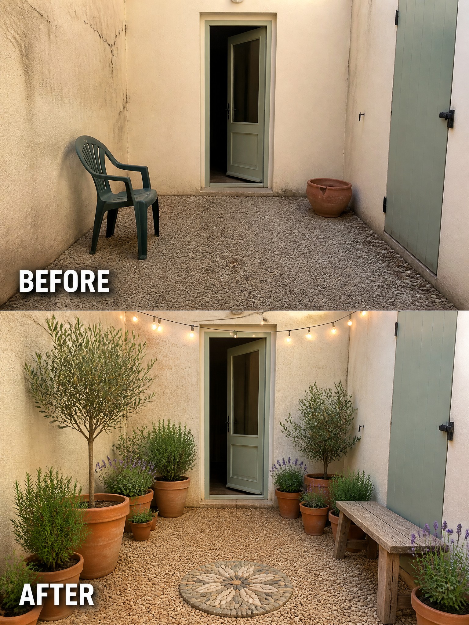 Before-and-after courtyard with gravel, potted plants, bench, and string lights.