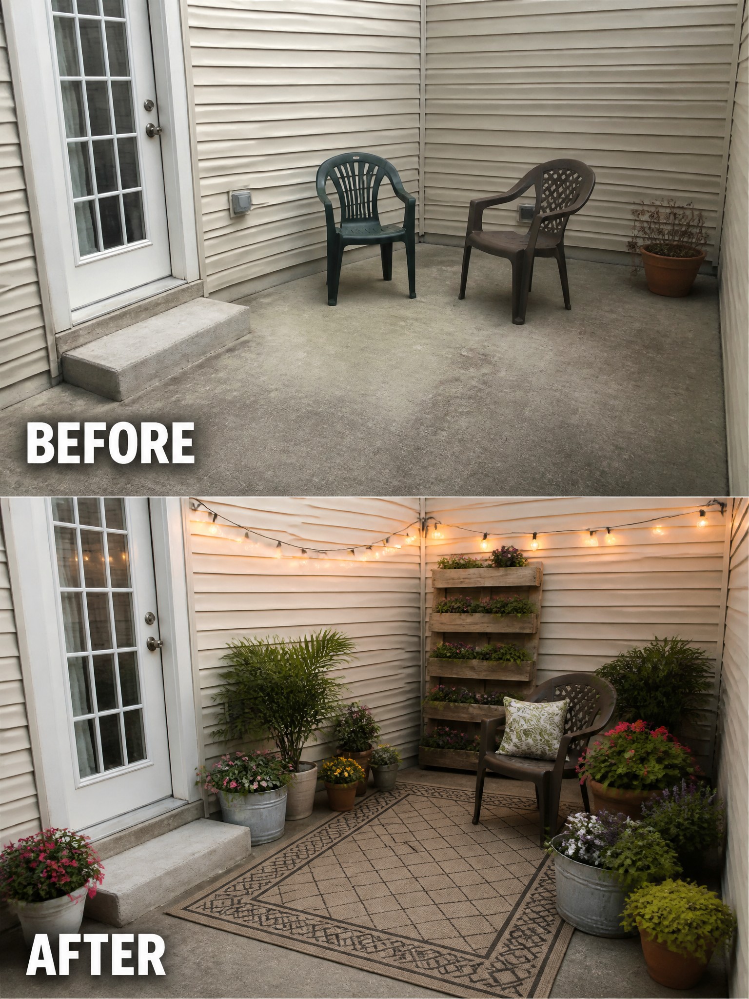 Before-and-after patio transformation with string lights, plants, rug, and chair.