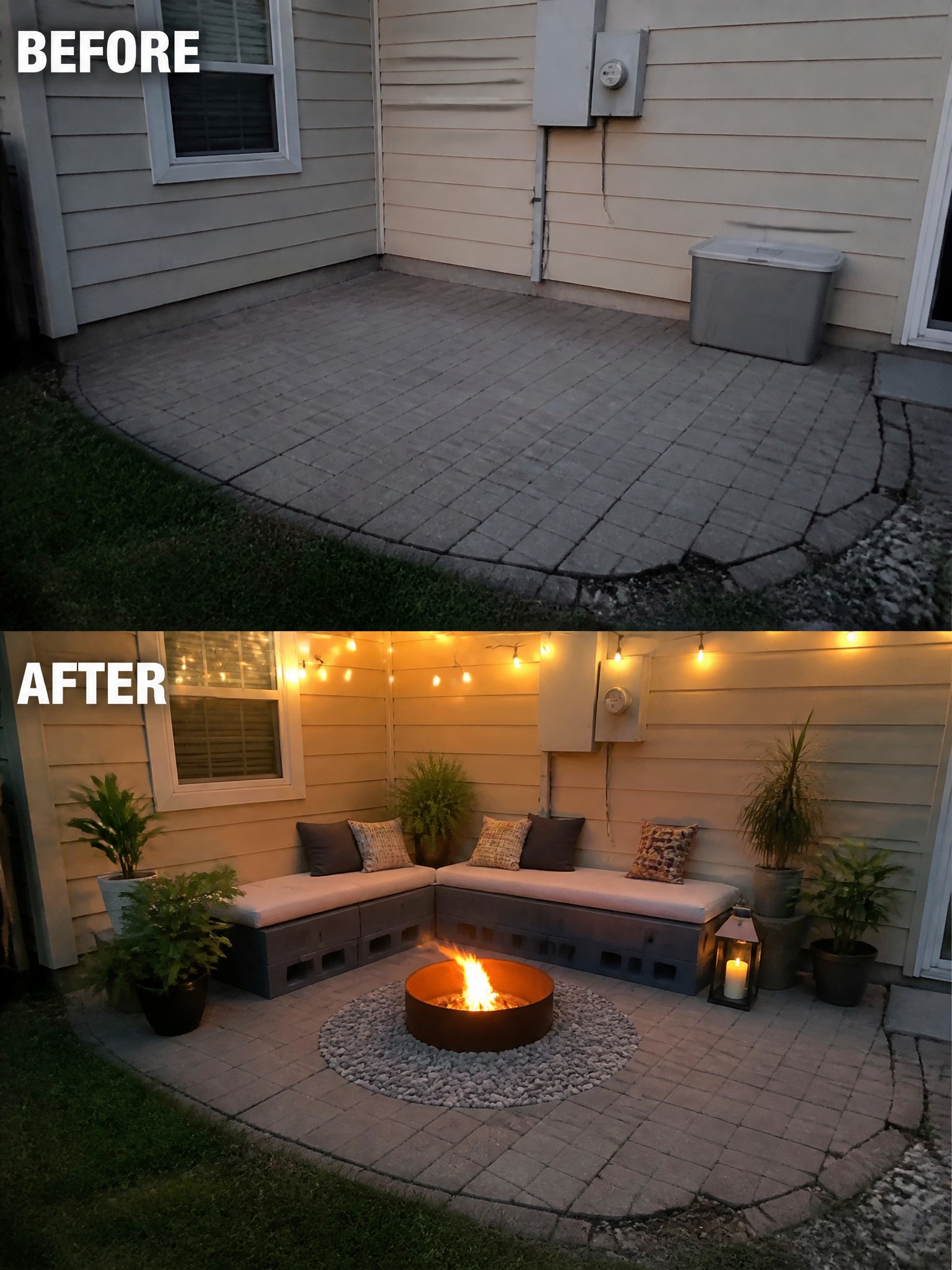 Before-and-after image of an empty brick patio changed into an outdoor seating area with a central fire pit, built-in benches, string lights, and potted plants.
