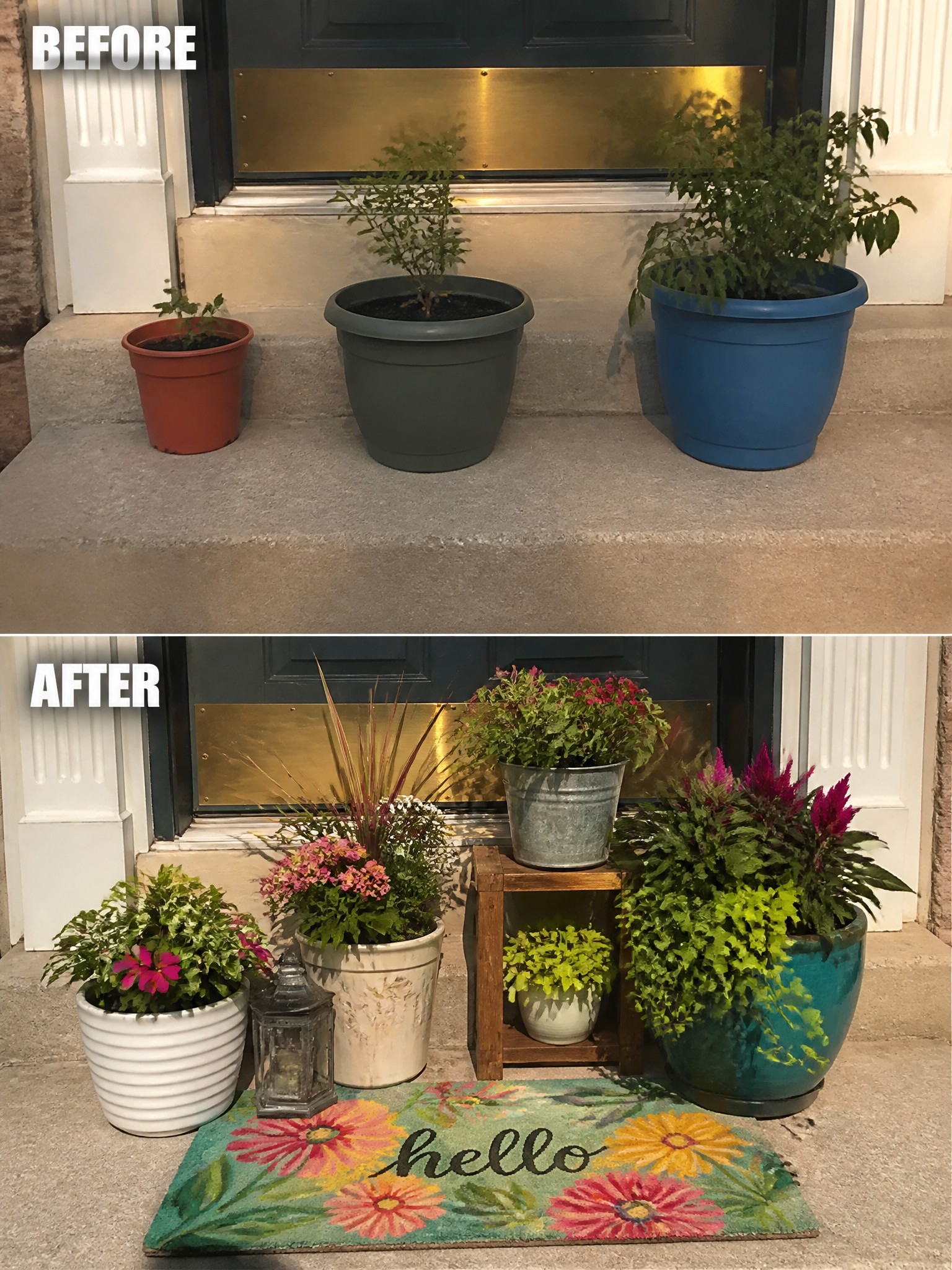 Before and after of sparse plants upgraded to colorful potted flowers with hello doormat.