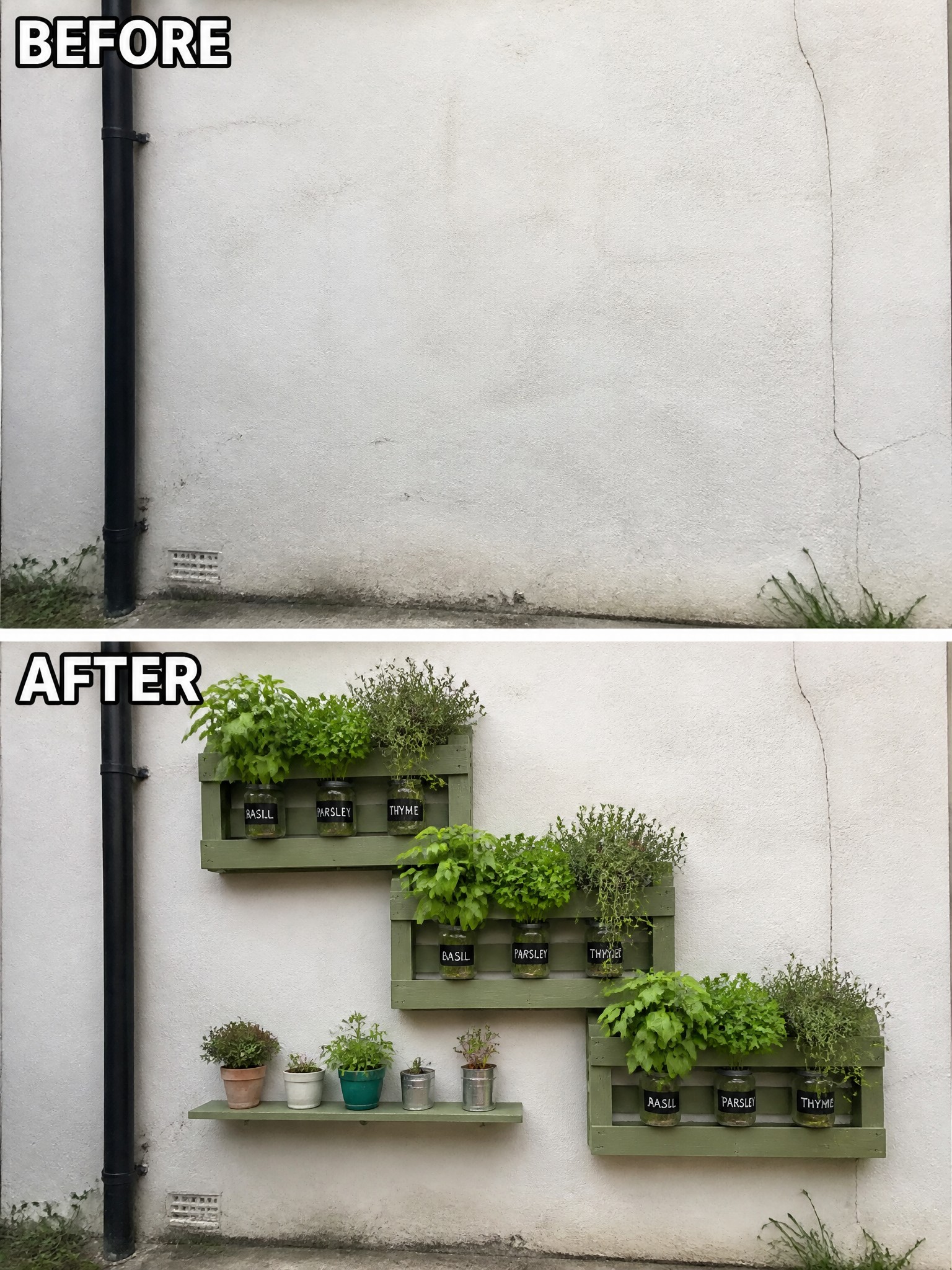 Before-and-after image of a plain exterior wall updated with staggered green crates holding herb plants in labeled jars.