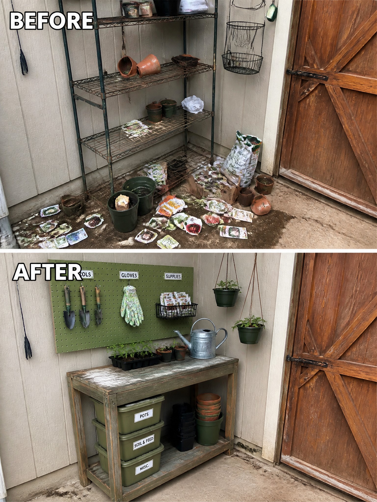 Before and after of cluttered shed transformed into organized gardening station with tools and labeled bins.