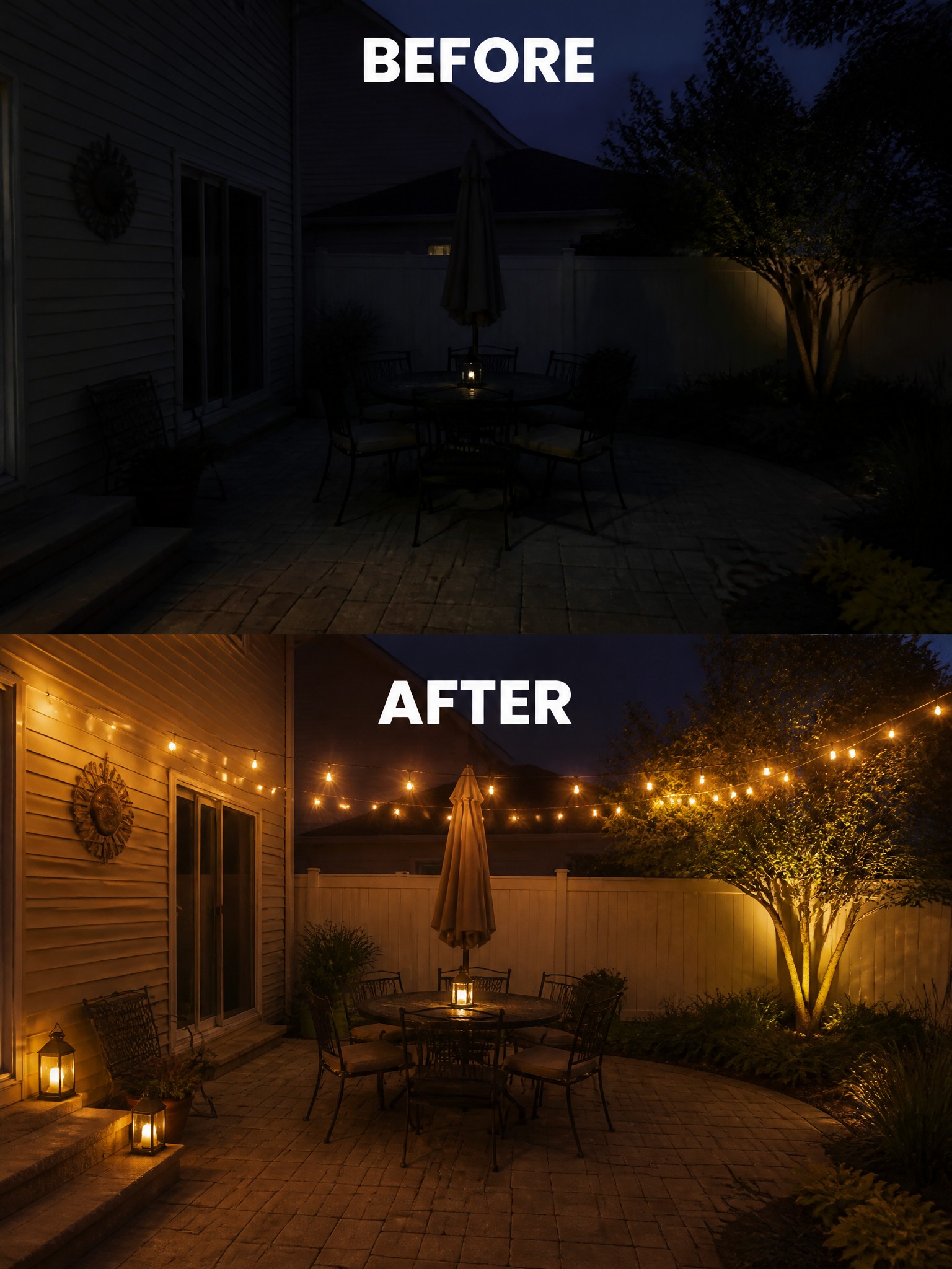Before and after view of dark patio illuminated by string lights and lanterns at night
