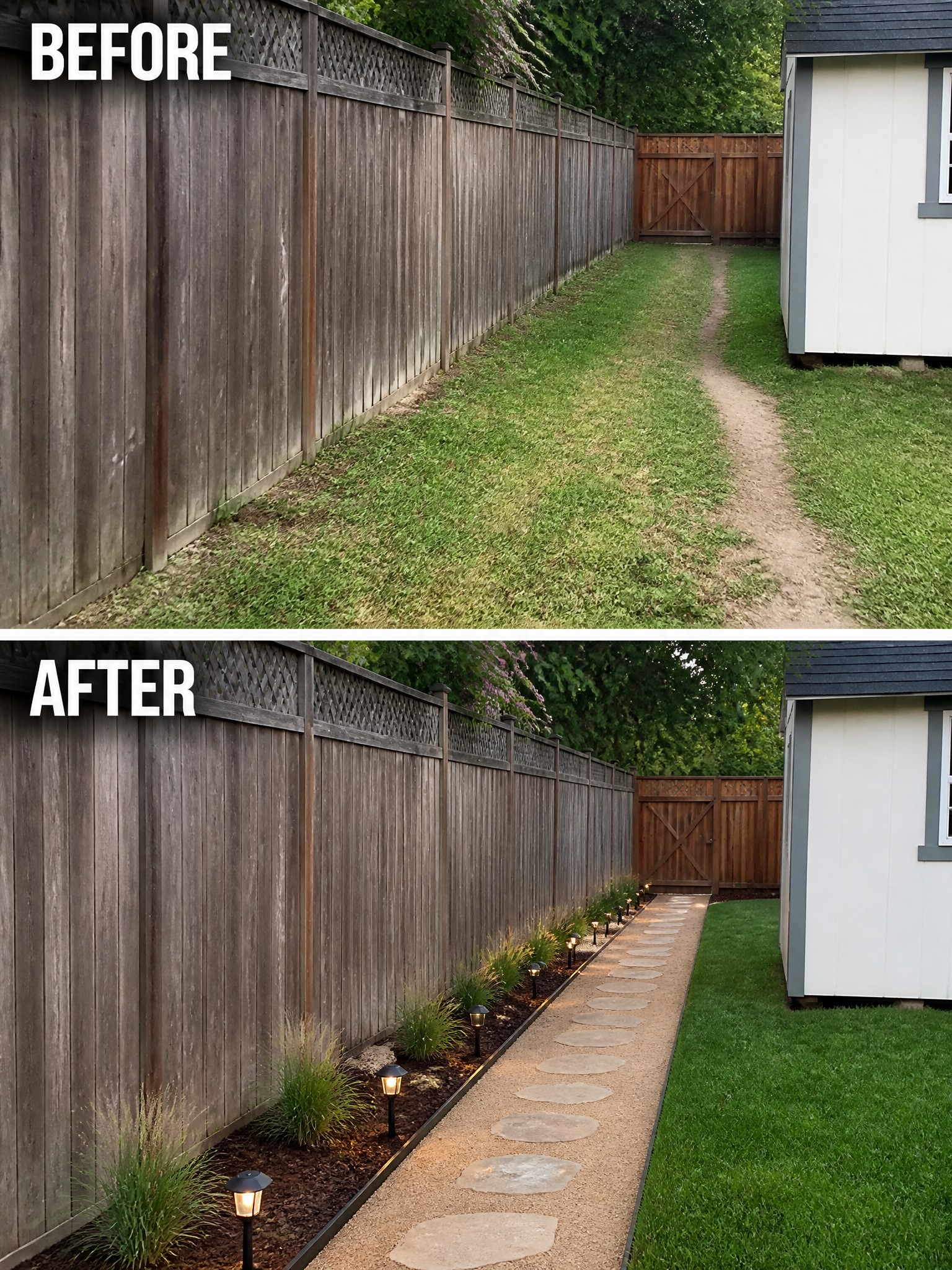 Before and after of backyard fence with new stone path, lights, and plants