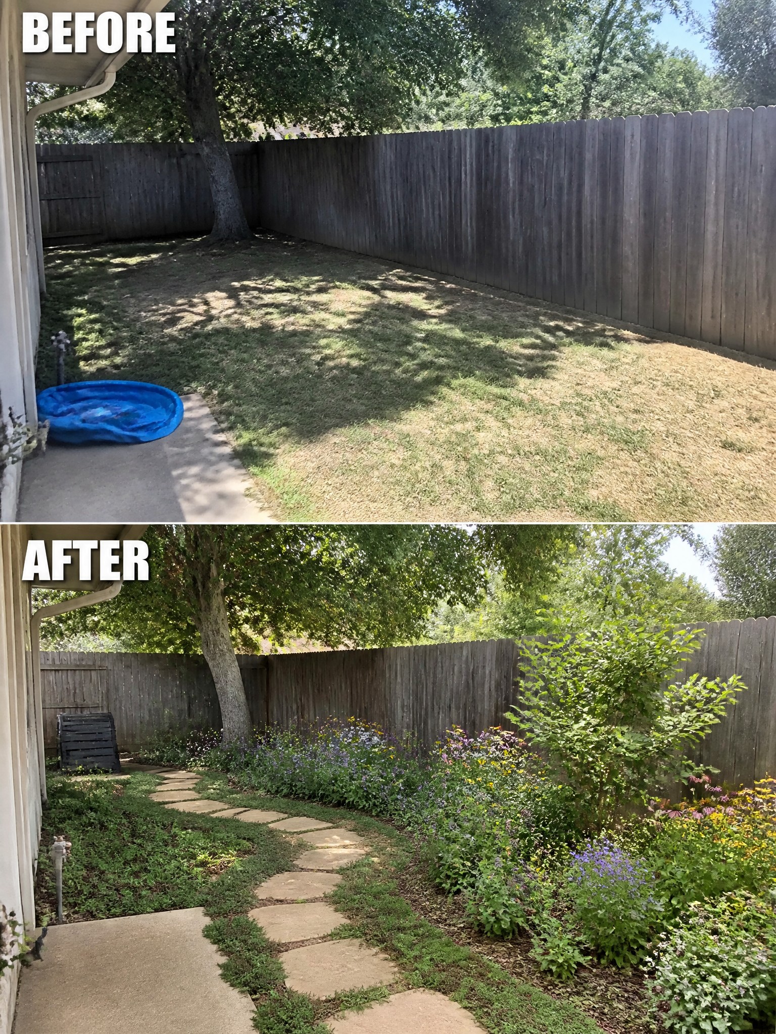 Before and after backyard makeover: bare lawn to blooming garden with stone path.