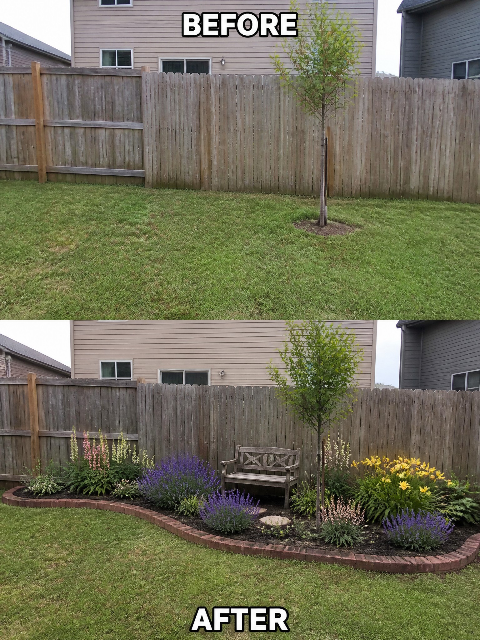 Before and after backyard with plain lawn transformed into colorful flower garden and bench
