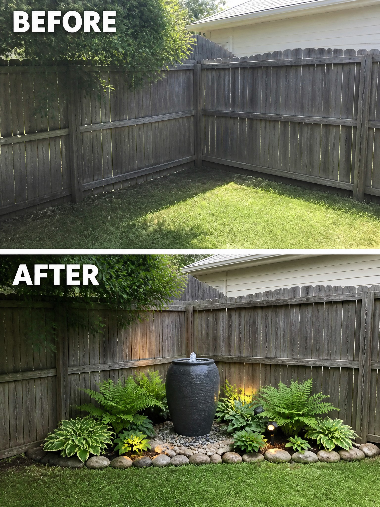Before and after backyard makeover with fountain, ferns, hostas and lighting.