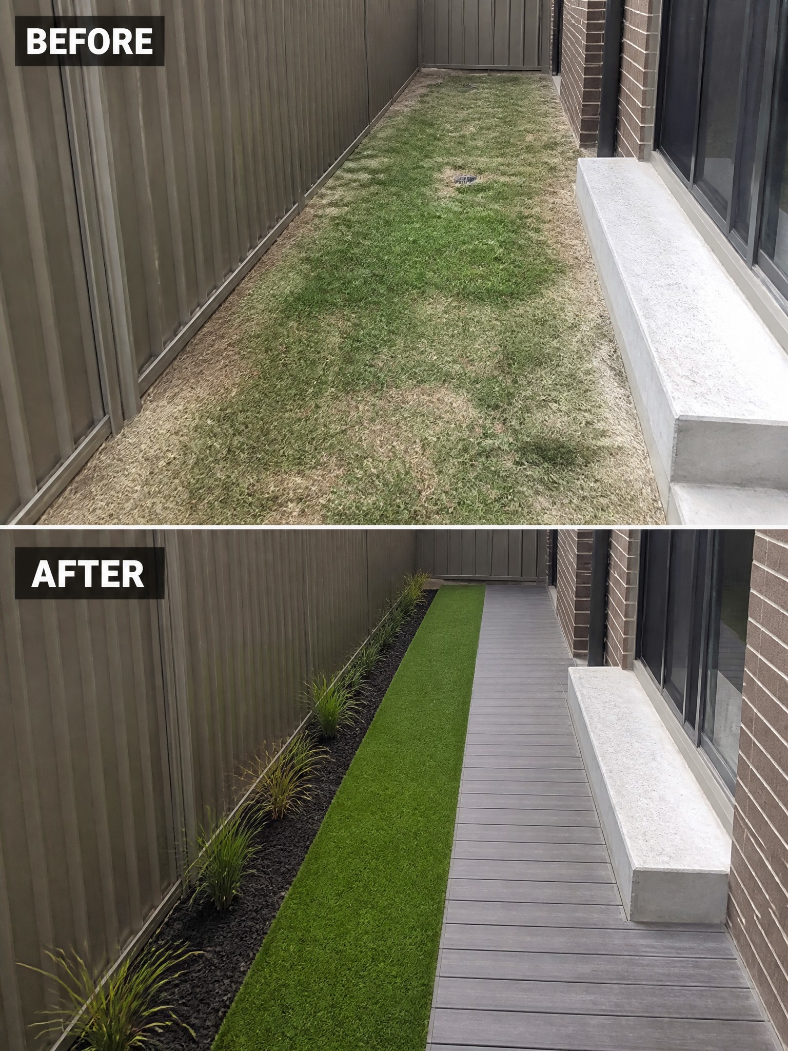 Before and after narrow yard with patchy grass replaced by turf and decking.