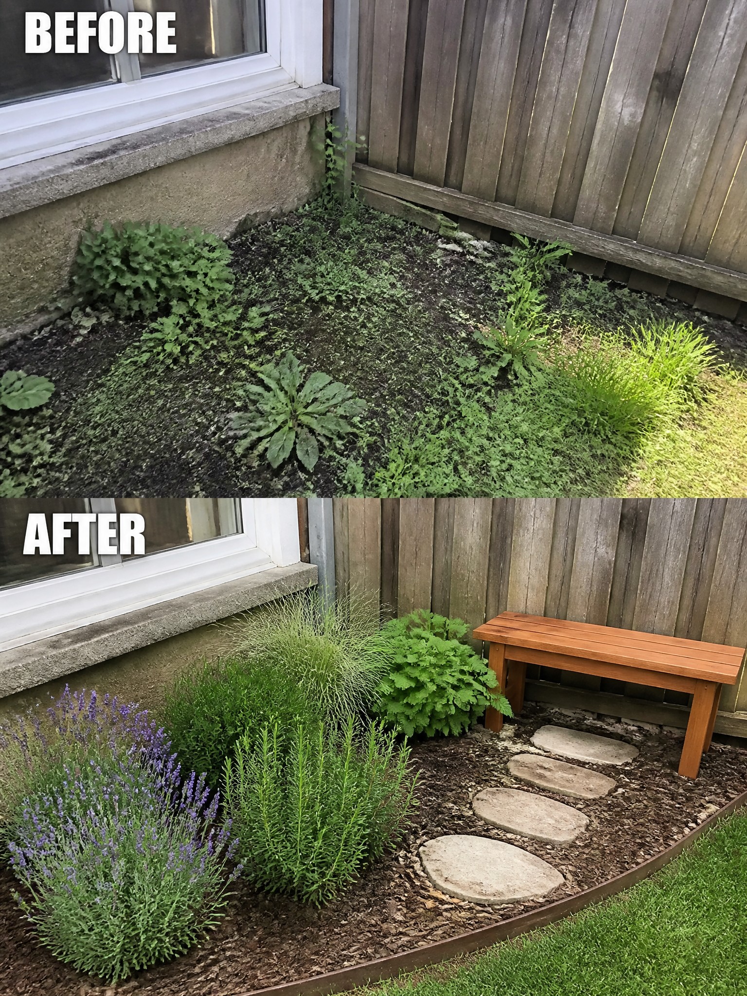 Before-and-after image of an overgrown backyard corner changed into a clean mulched area with stepping stones, structured plants, and a wooden bench.