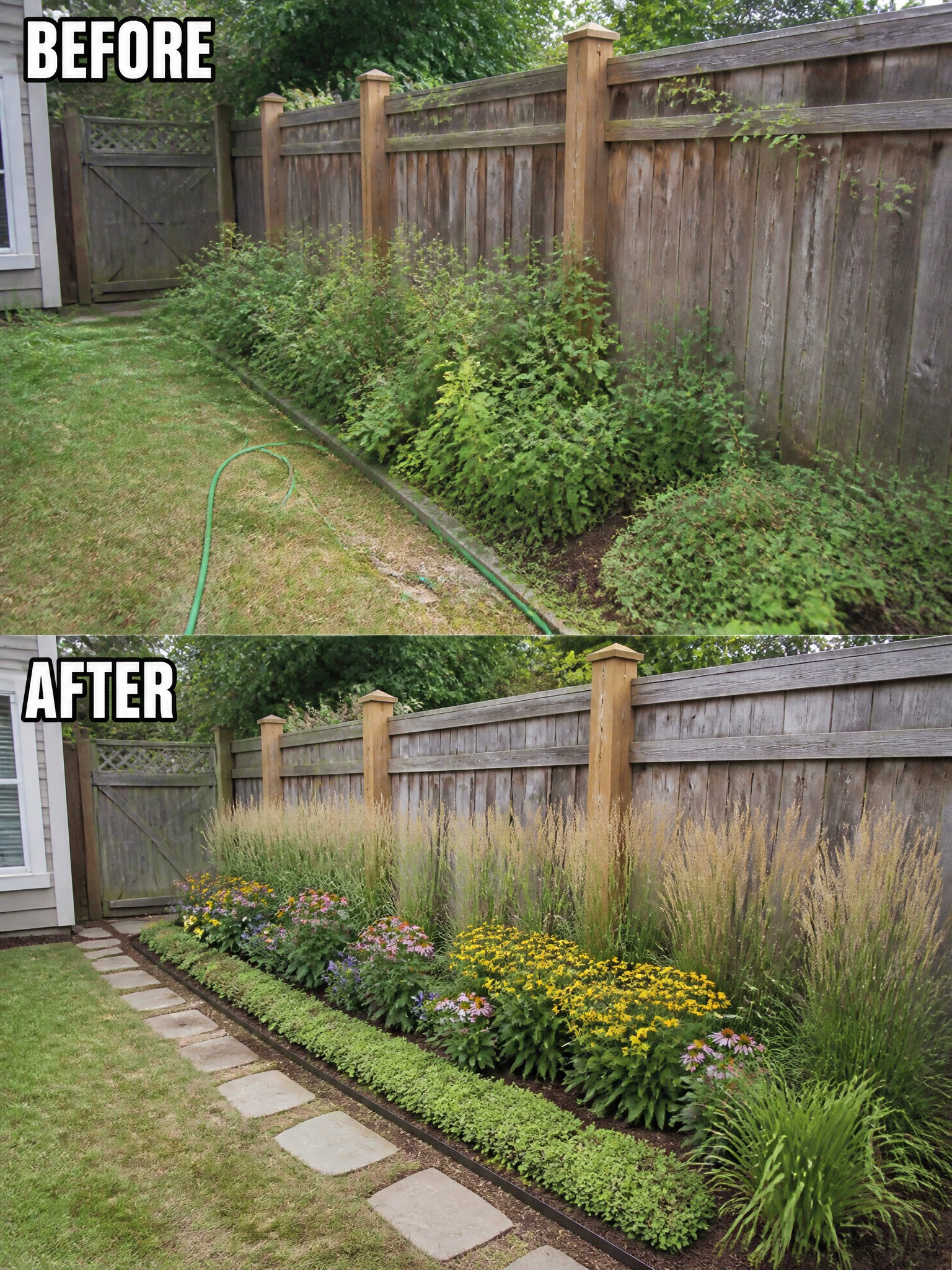 Before and after garden makeover along wooden fence with flowers and grasses.