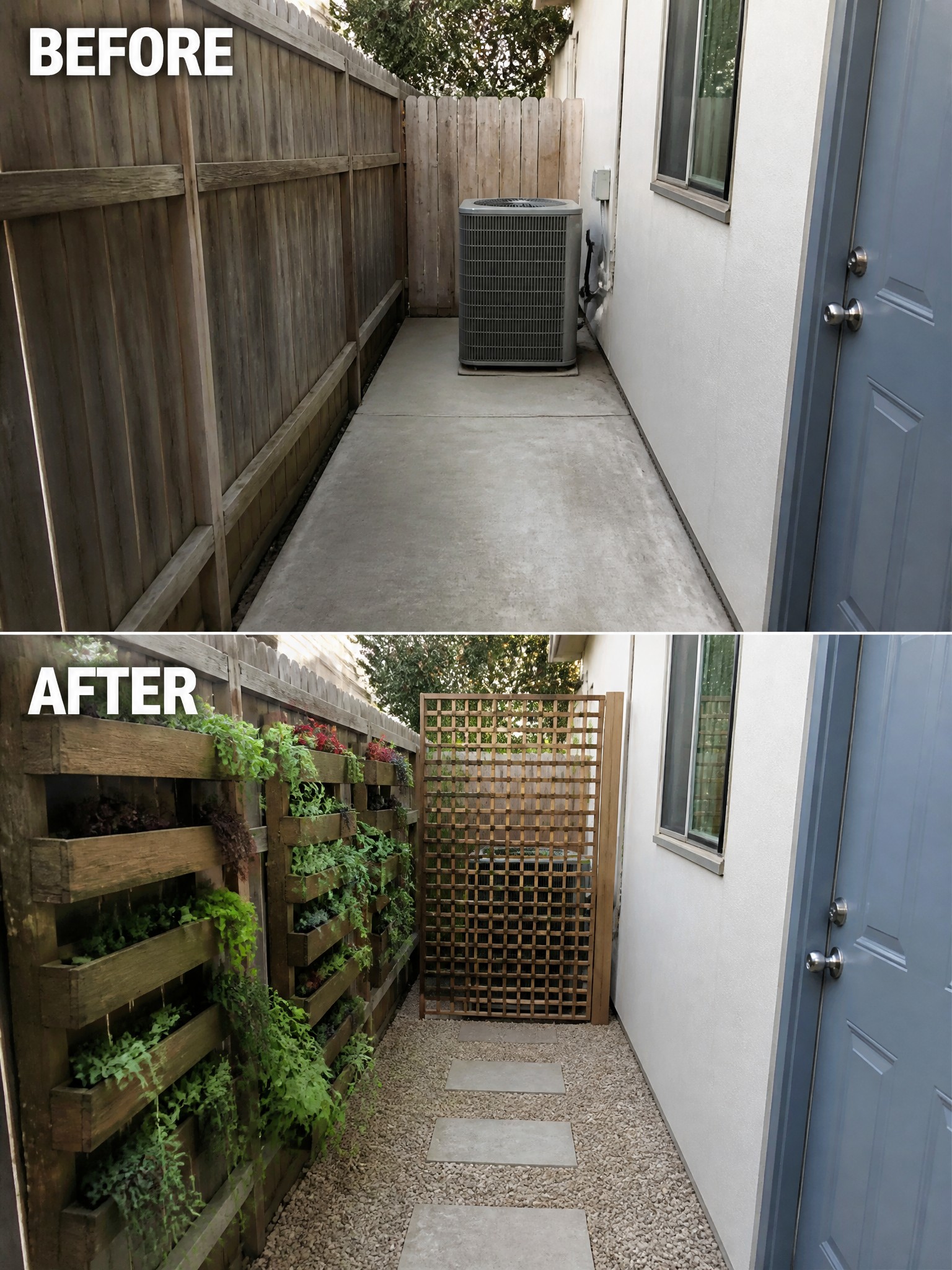 Before and after of narrow walkway with vertical garden and lattice screen hiding AC unit.