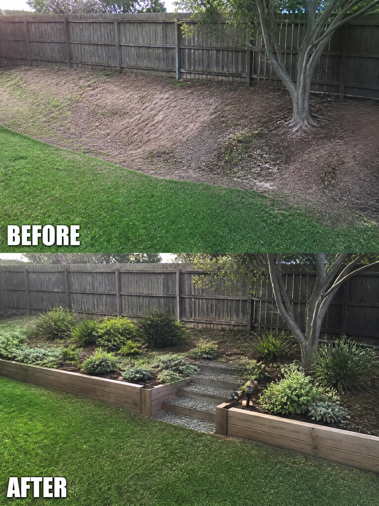 Before and after of backyard with raised garden beds, steps, and plants