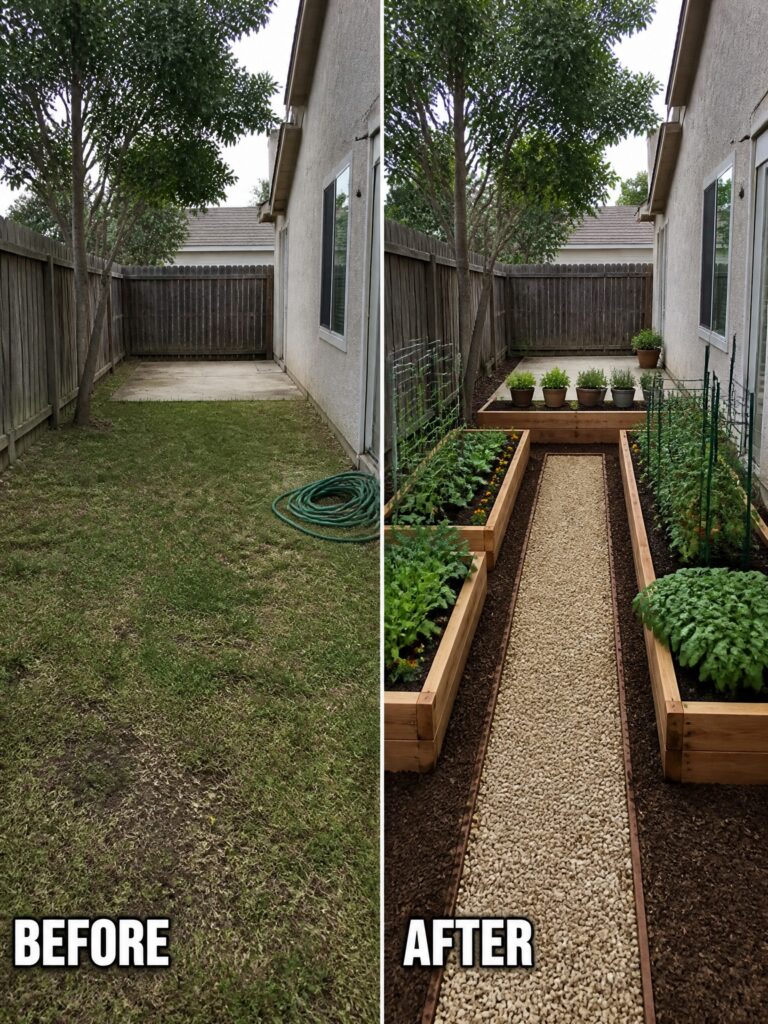 24 Beautiful Affordable Garden Transformation Ideas for Plain Backyards Before and after backyard with raised garden beds, gravel path, and plants