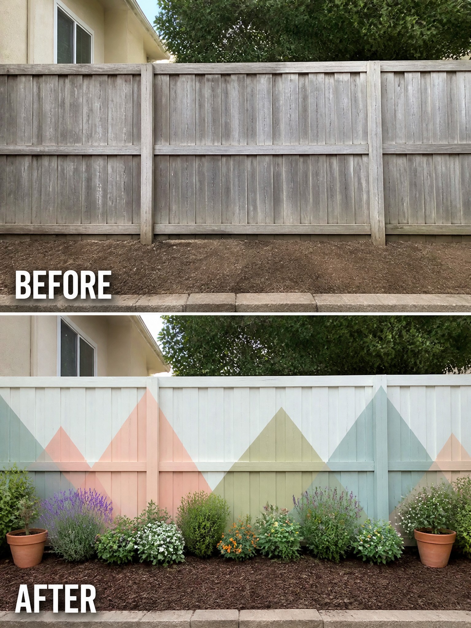 Before and after of weathered fence repainted with pastel geometric triangles and garden plants