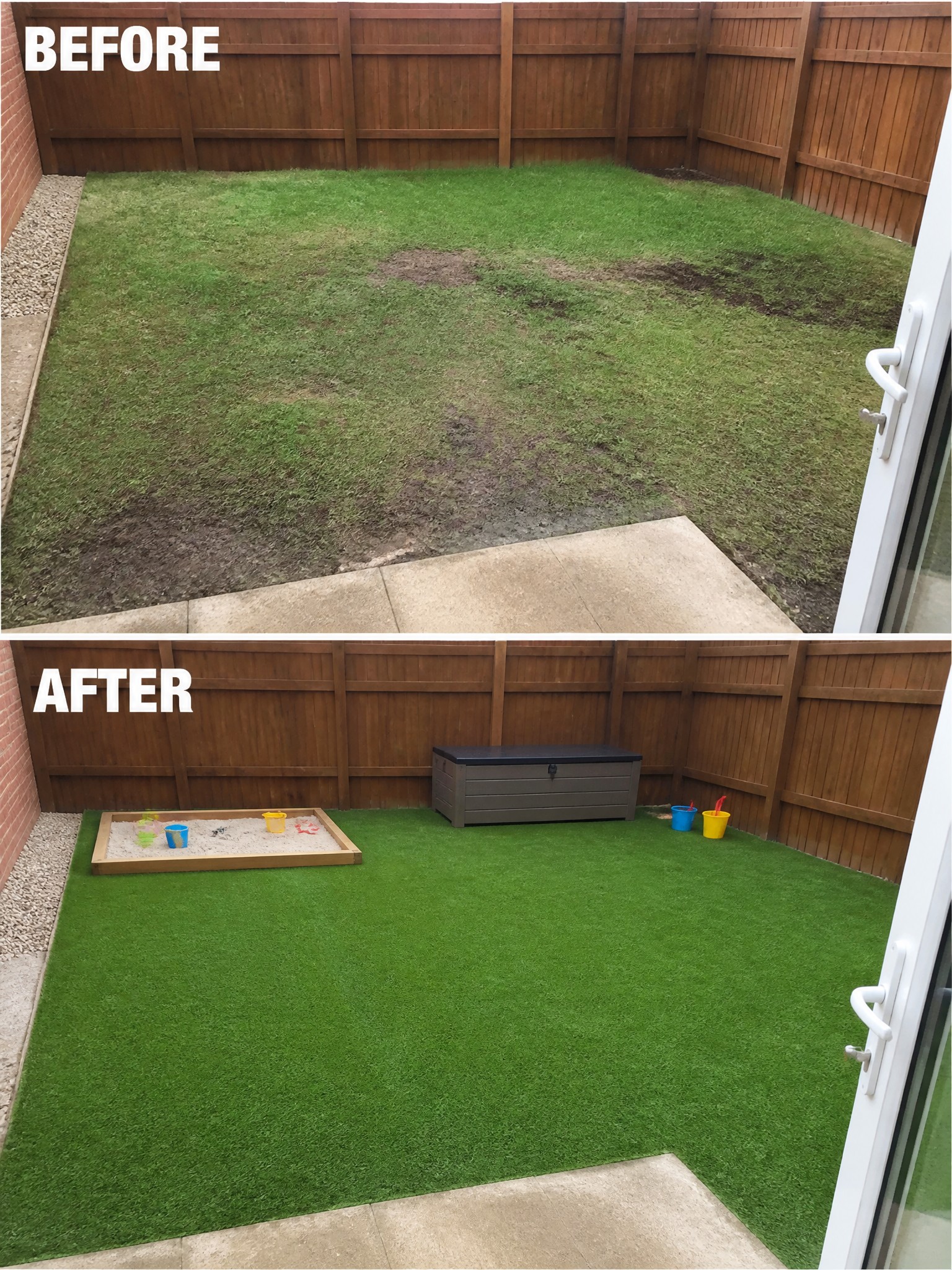Before patchy lawn and after with artificial turf, sandbox, and storage box.