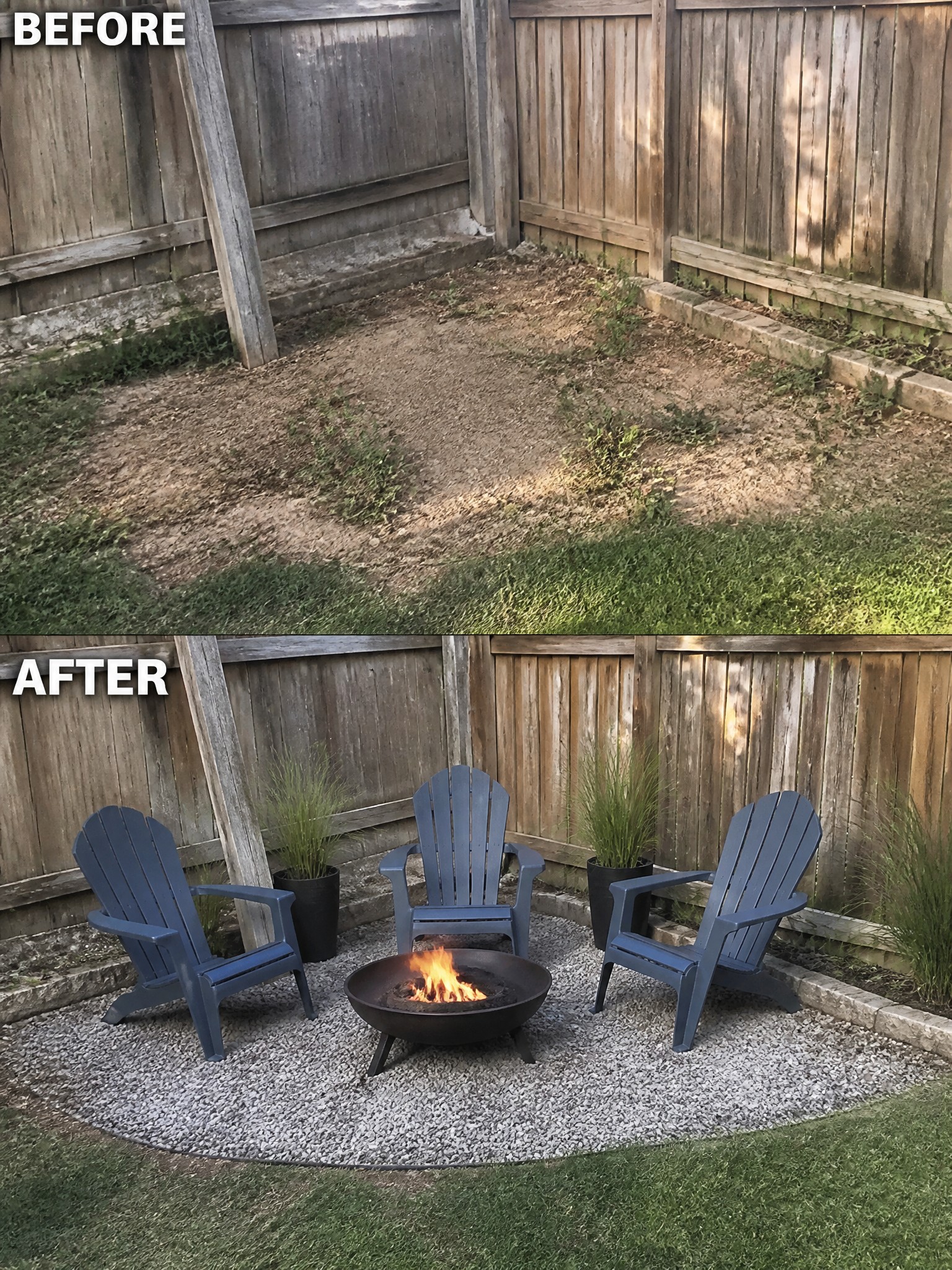 Before and after backyard makeover with fire pit, blue chairs, and gravel patio.