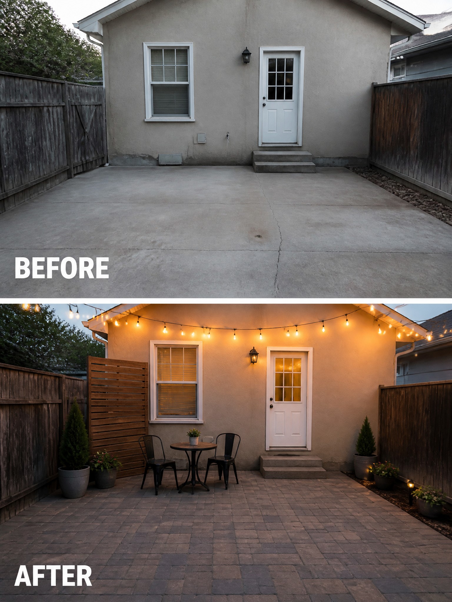 Before and after concrete patio transformed into brick space with furniture, plants and lights